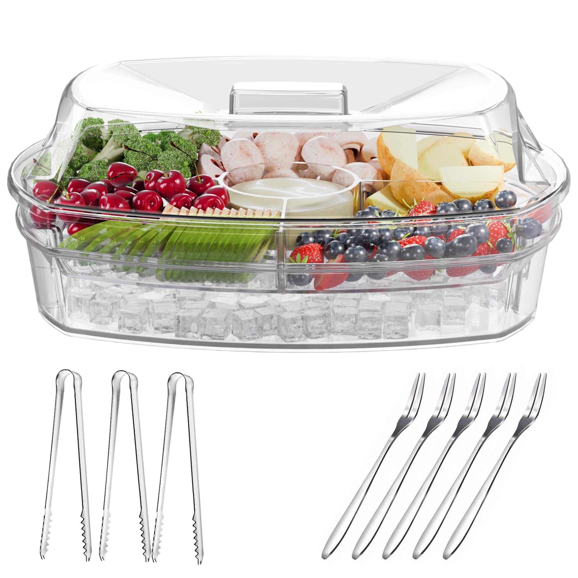 Chilled Veggie Tray with Lid - Shrimp Cocktail Serving Dishes for Entertaining - Ice Serving Platters & Trays - Cold Travel Cookout Tailgate Essentials - Appetizer Fruit Snack Tray for Party - Clear Plastic Serving Tray for Picnics, BBQs, and Holiday Gatherings