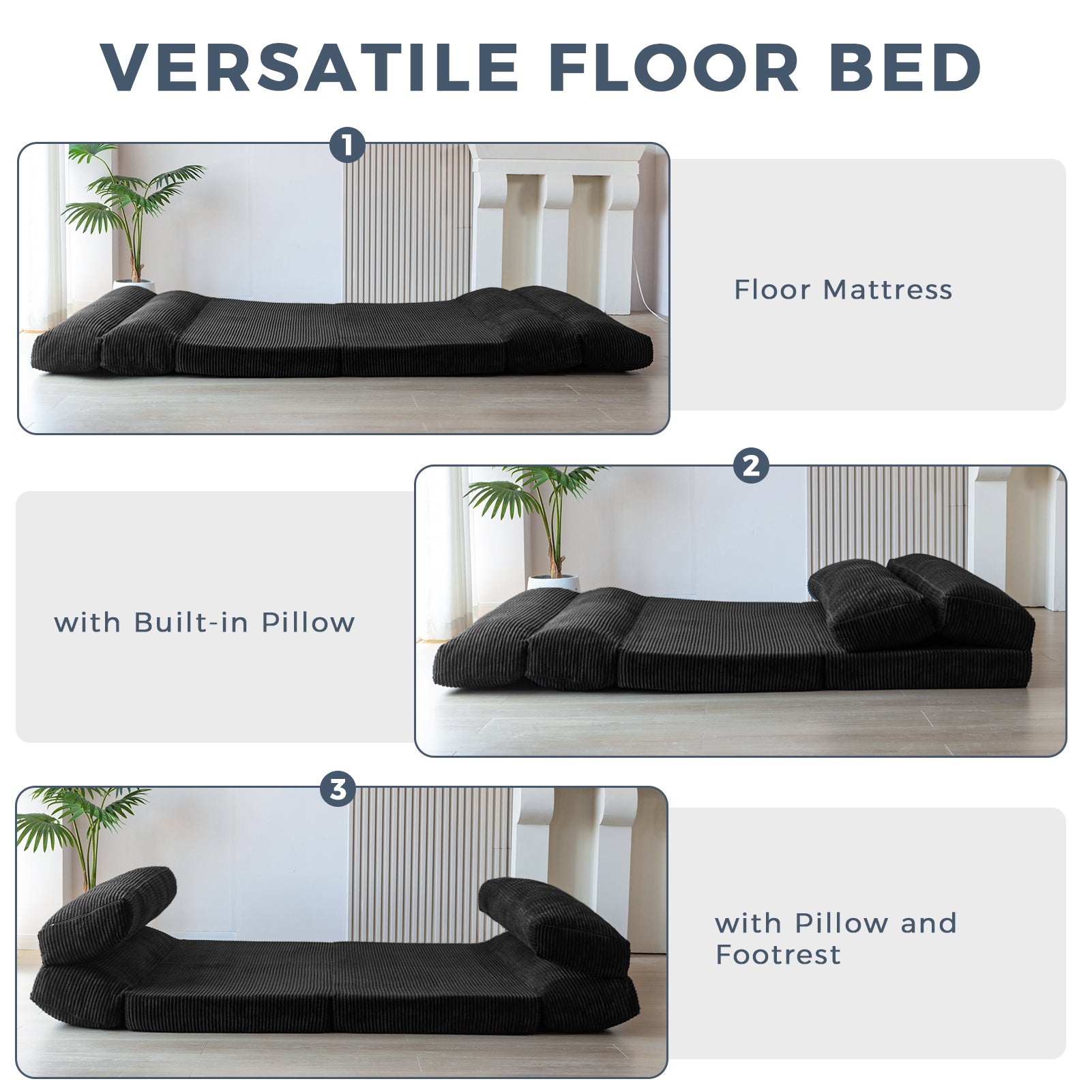 MAXYOYO Extra Wide Corduroy Bean Bag Folding Sofa Bed - Convertible Floor Mattress for Living Room, Bedroom & Guest Room (Black)