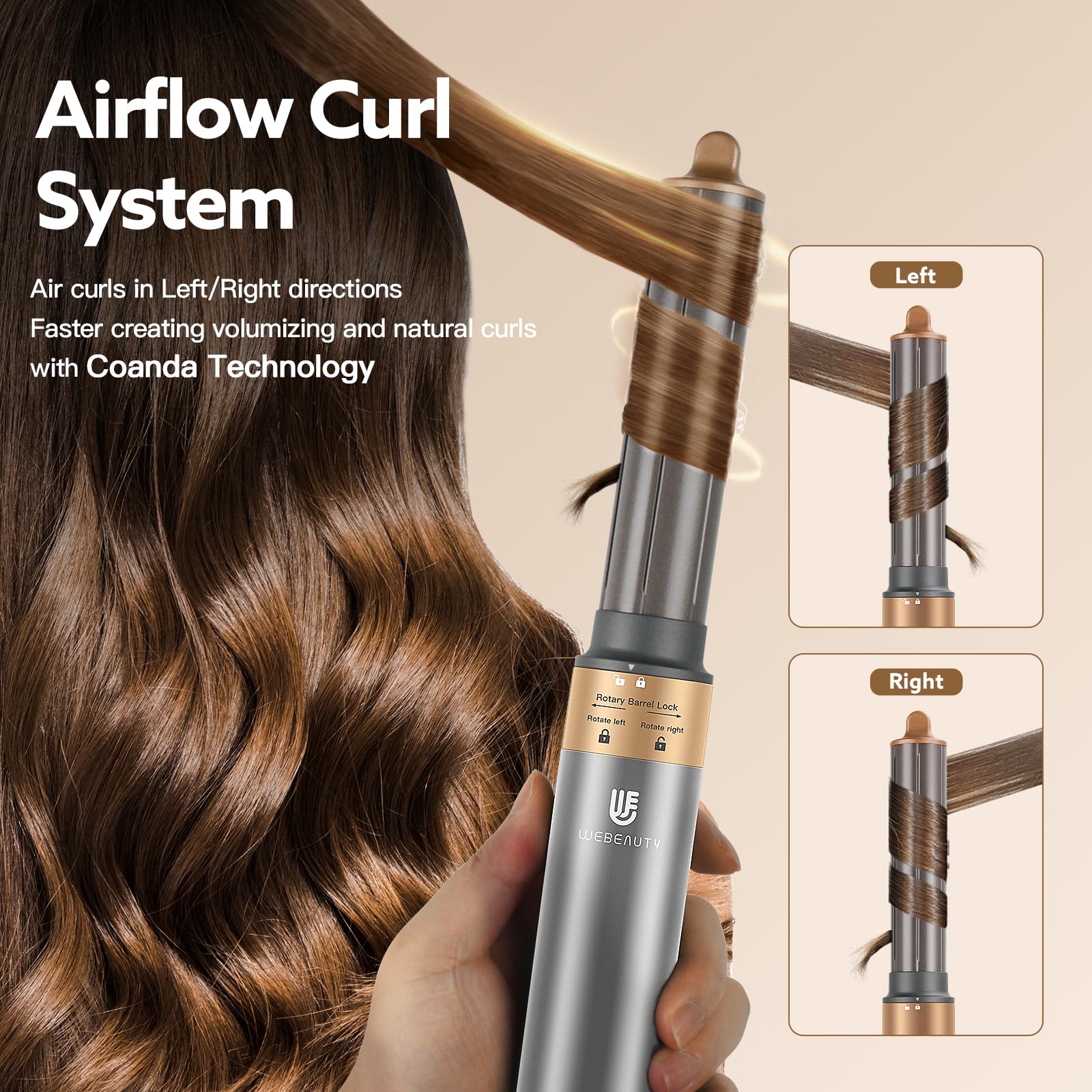 Webeauty 5-in-1 Professional Hair Dryer Brush - Ionic Hot Air Styling Tool with Fast Drying, Volumizing & Straightening | 2-in-1 Blow Dryer & Curling Iron for Salon-Quality Styling at Home (Grey Gold) - Perfect for Daily Hair Care, Travel & Salon Styling
