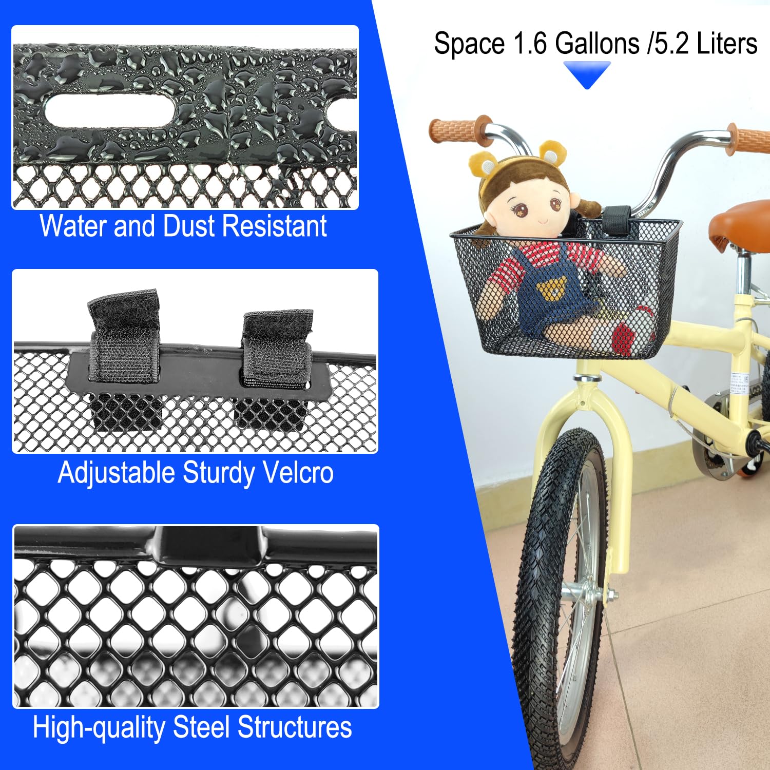 MKUERO Kids Bike Basket - Waterproof Metal Wire Front Bicycle Basket for Boys & Girls - Fits Most Children's Bikes & Tricycles - Perfect for School Commutes, Picnics & Outdoor Adventures