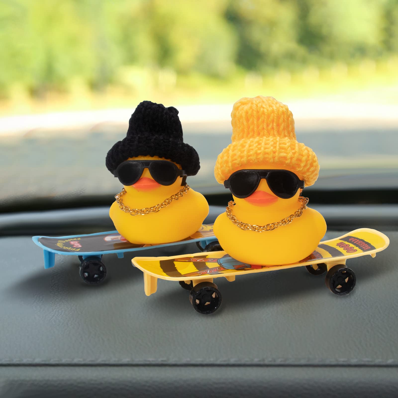 Wonuu Rubber Duck Car Dashboard Ornament - Cute Mini Duck Decor with Hat, Necklace, Sunglasses, Chair & Skateboard Accessories | Fun Car Interior Decoration for Dashboard, Office Desk, or Gift Idea