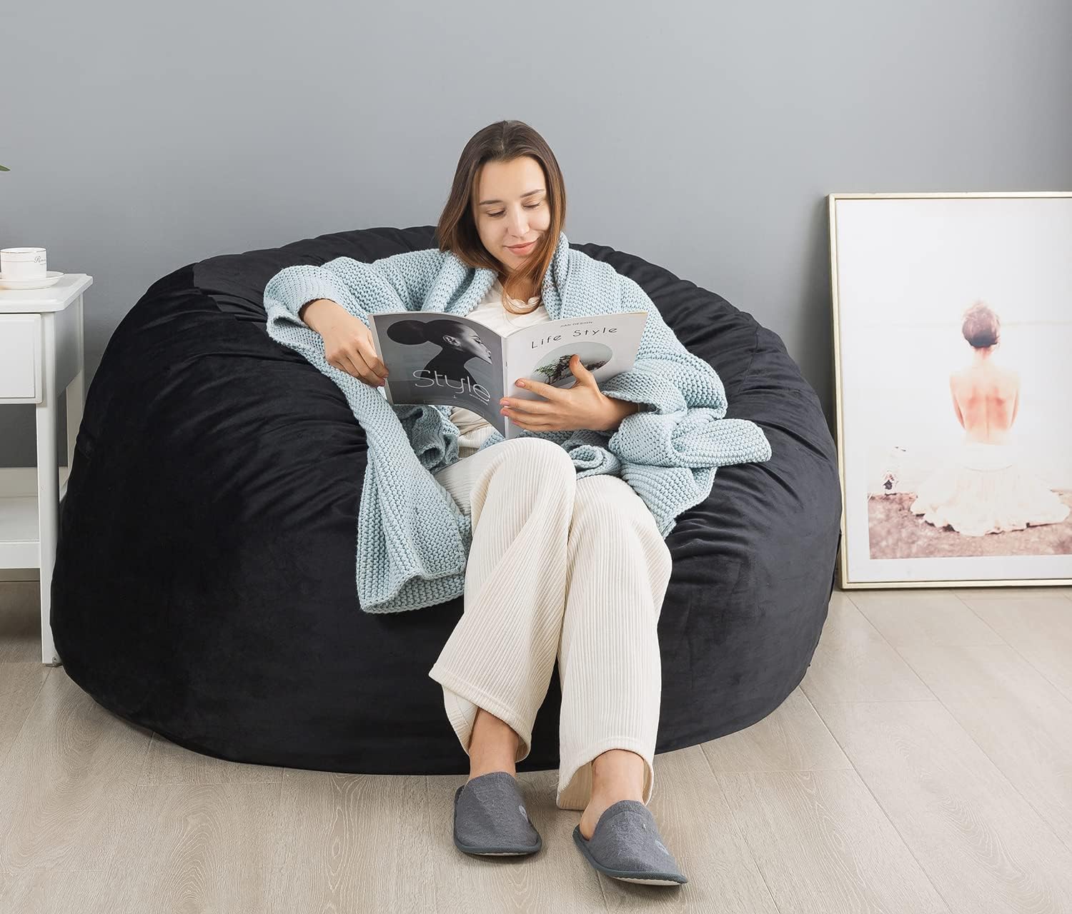 **WhatsBedding Medium Bean Bag Chair for Adults - Adjustable Foam Filling, Dutch Velvet Cover, Soft Fabric - 3 Foot Black - Perfect for Living Room, Bedroom, Game Room & Relaxation**