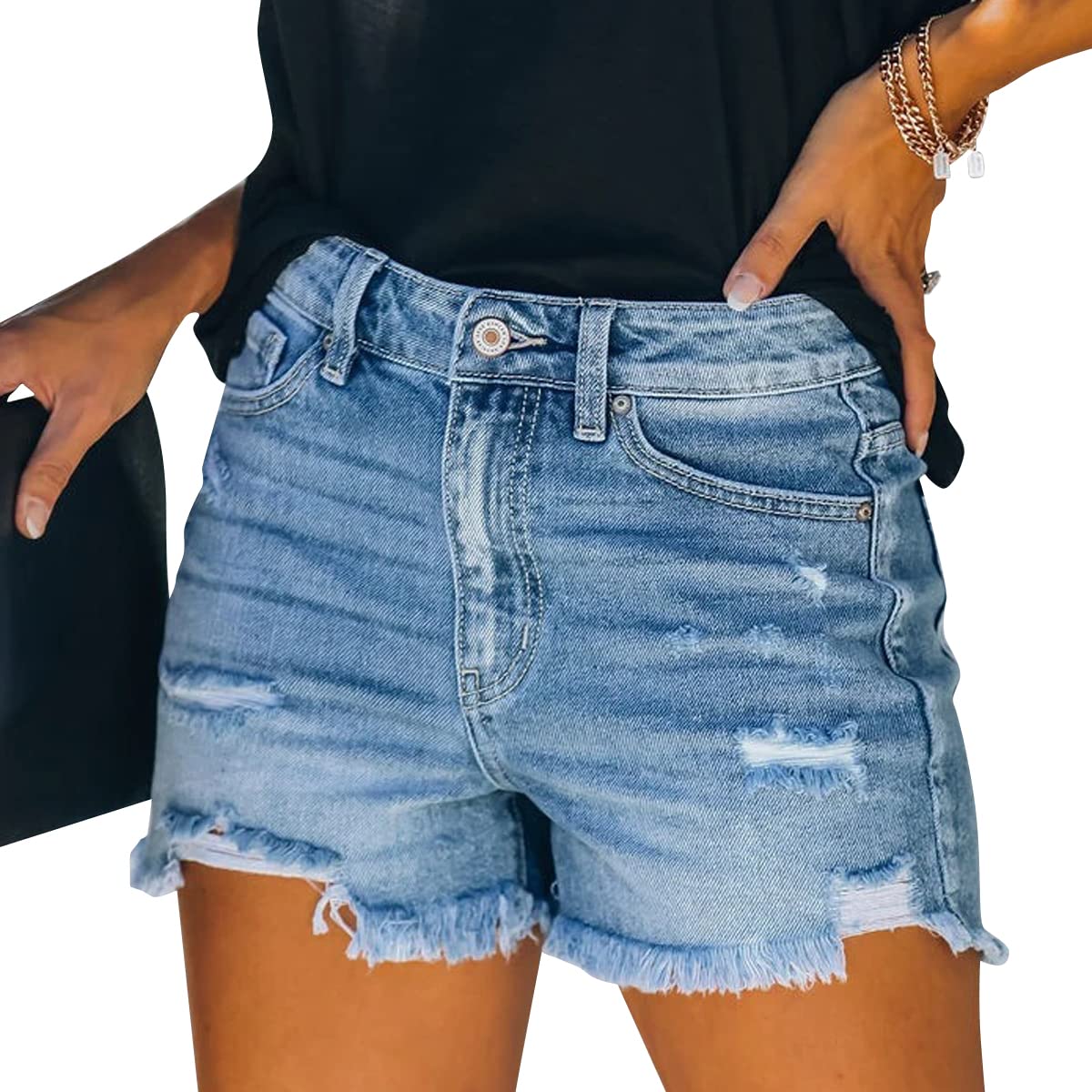 Vanberfia Women's Stretch Denim Mid Rise Jean Shorts with Pockets - Comfortable High Waist Distressed Denim Shorts for Summer, Casual Wear, Beach & Outdoor Activities