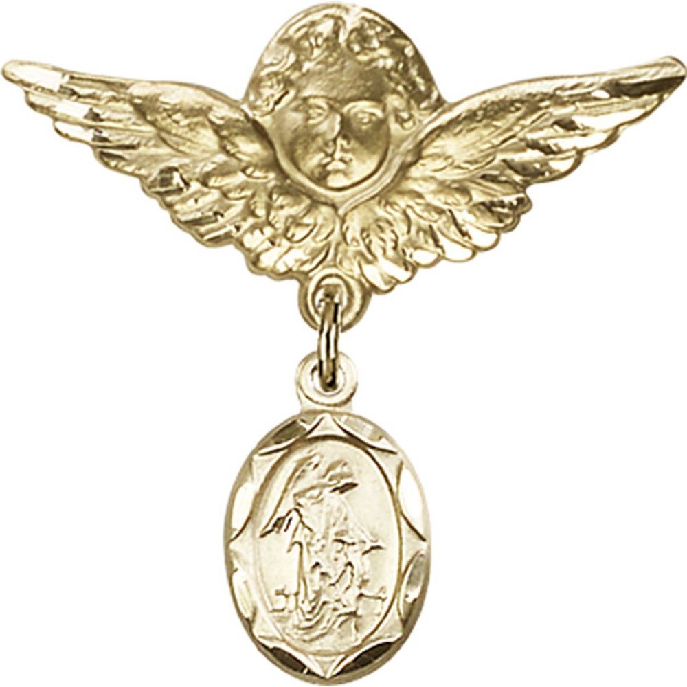 Gold Filled Guardian Angel Charm Baby Badge Pin - 1 1/8 X 1 1/8 Inch Religious Jewelry for Christening, Baptism & Newborn Gifts