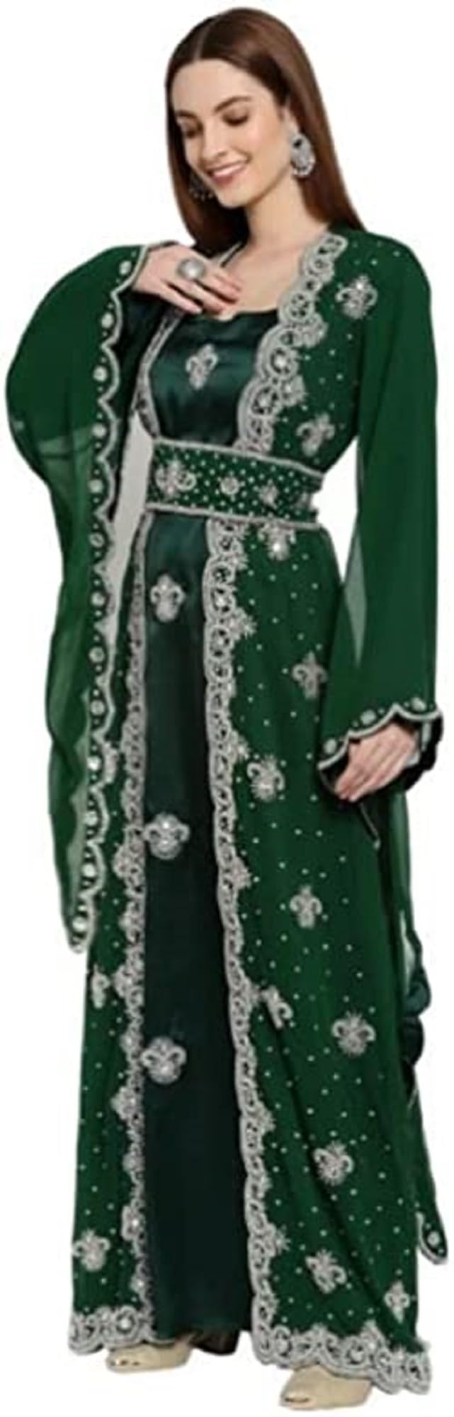 ZARDOZI Art Women's Green Dubai Moroccan Abaya Kaftan - Hand Beaded Farasha Jalabiya Arabic Maxi Dress for Beach, Party & Special Occasions