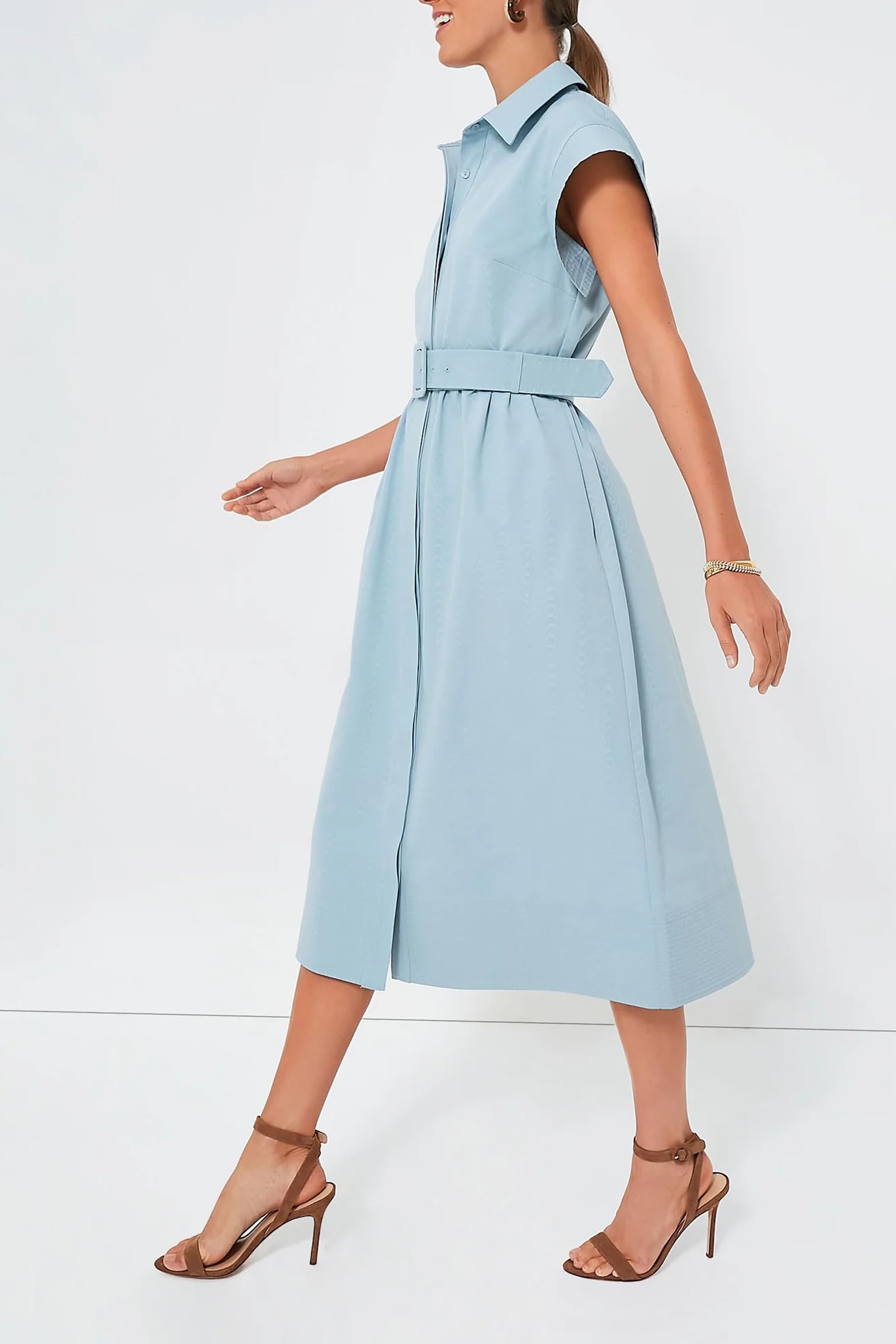 Stylish Women's Casual Button Down Shirt Dress with Short Wing Sleeves & Belt | Elegant Business Midi Dress in Light Blue | Perfect for Office Wear, Summer Outfits & Casual Occasions