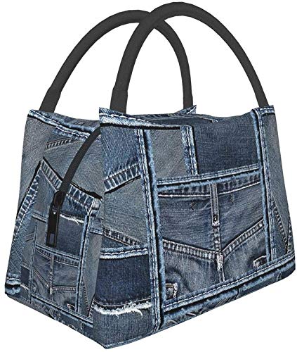 Portable Insulated Lunch Bag - Blue Denim Patchwork Bento Box for School, Work & Office | Leakproof Zipper Lunch Tote for Picnic, Travel & Daily Use