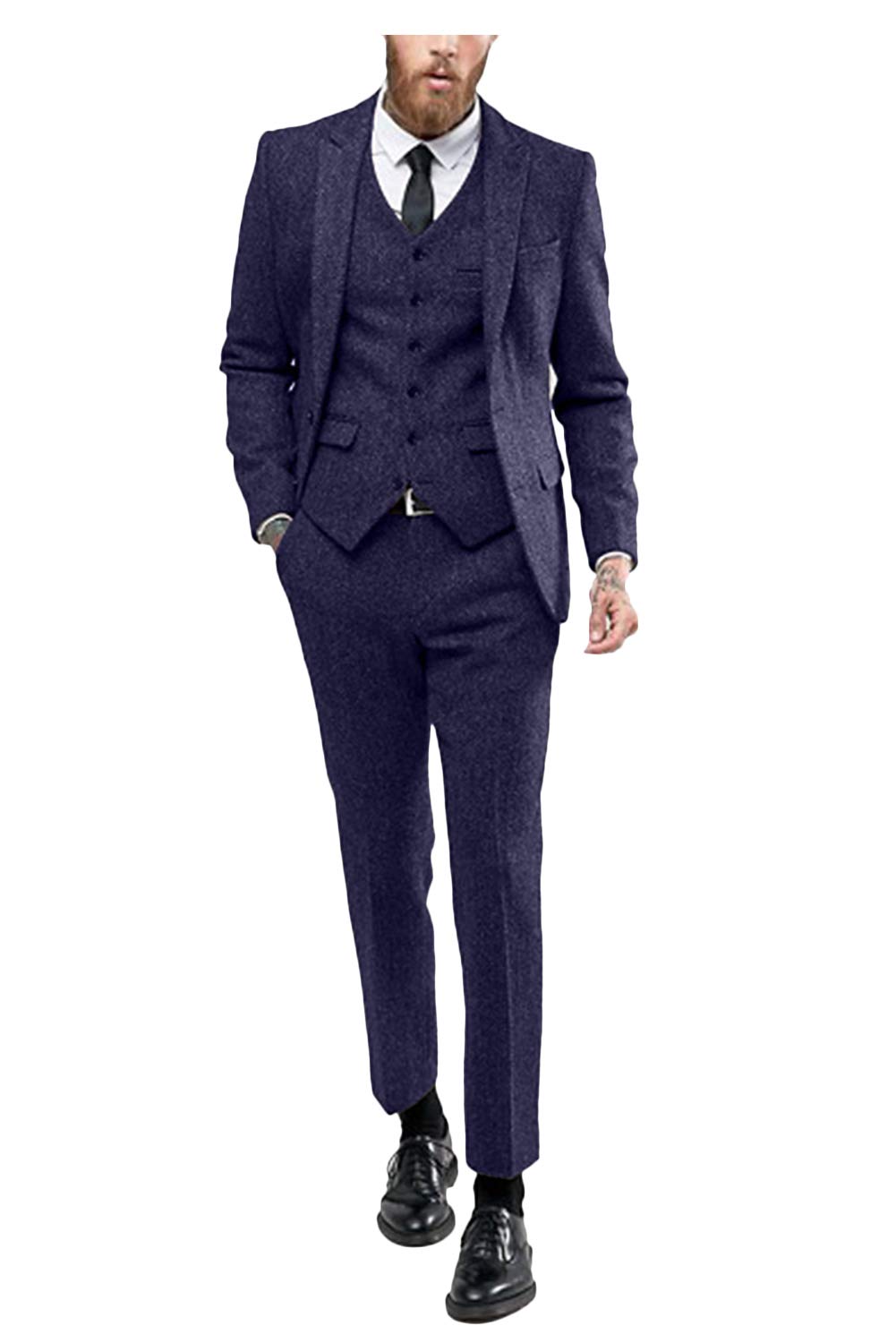 Wemaliyzd Men's 3-Piece Formal Suit Set - Notch Lapel Tweed Blend Blazer, Vest & Pants (Navy Blue, 38L) | Business Attire, Office Wear, Wedding & Special Occasions