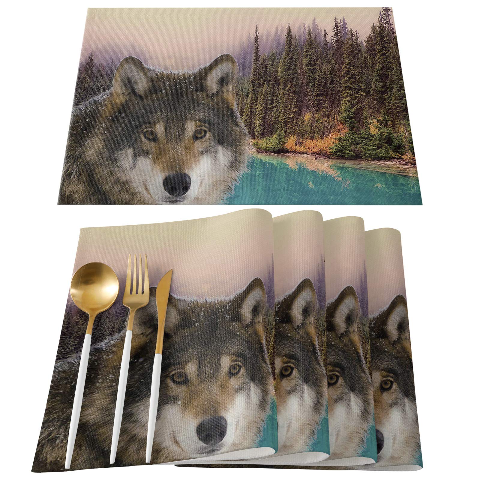 Premium Wildlife Wolf Forest Design Placemats Set of 6 - Durable & Machine Washable Table Mats for Dining, Kitchen, and Home Decor - Perfect for Dinner Parties, Holiday Gatherings, and Everyday Use