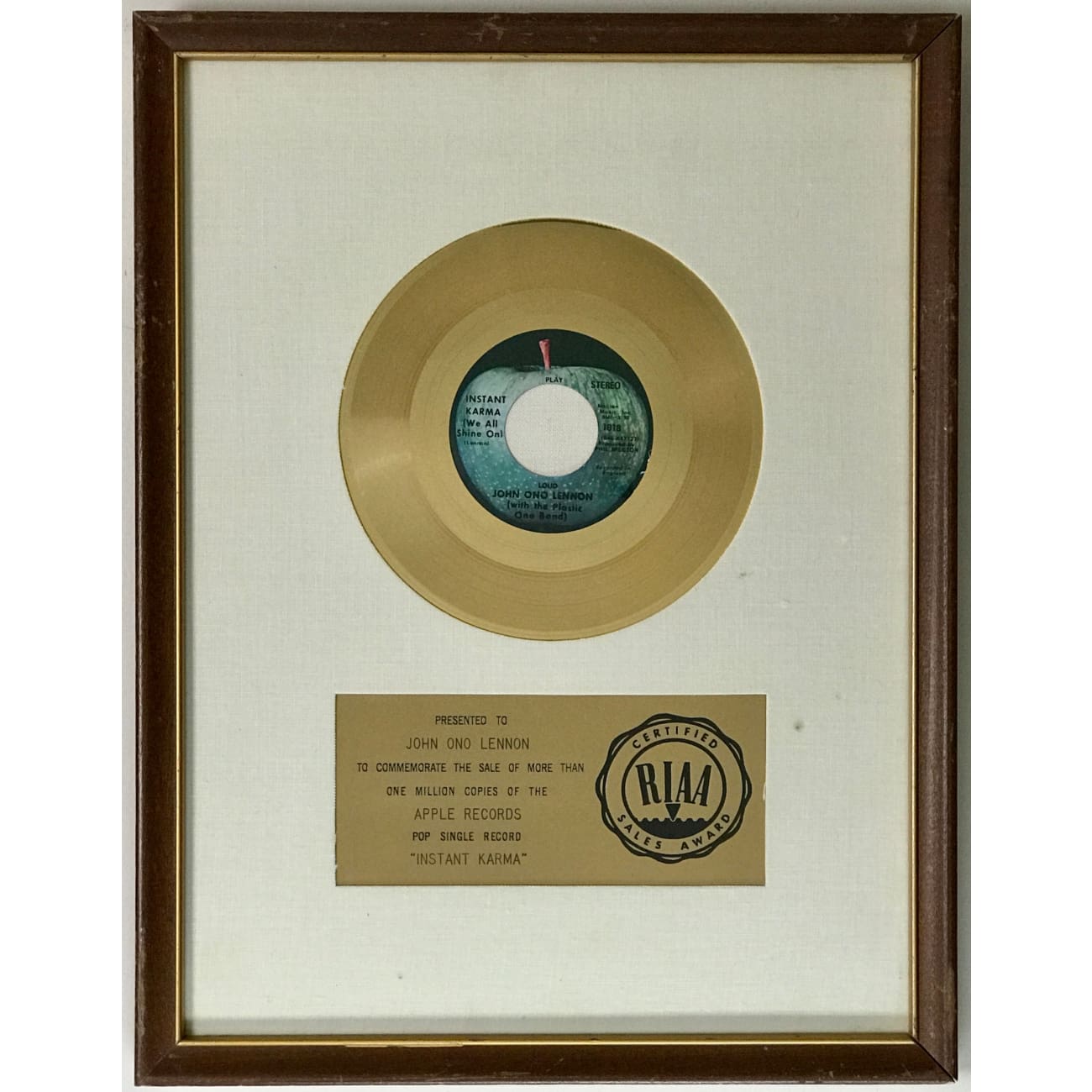 John Lennon Instant Karma RIAA White Matte Gold 45 Award - Rare Collectible Music Memorabilia for Beatles Fans & Record Collectors - Perfect for Music Room Display & Vintage Decor