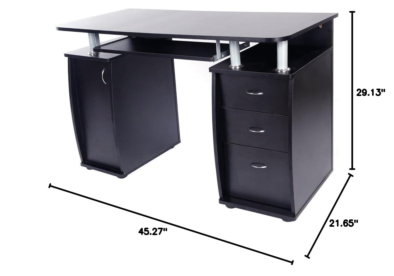 Modern Black Wooden Computer Desk with Door, 3 Drawers & Keyboard Tray - Home Office Workstation, Writing Desk for Small Spaces (45.27