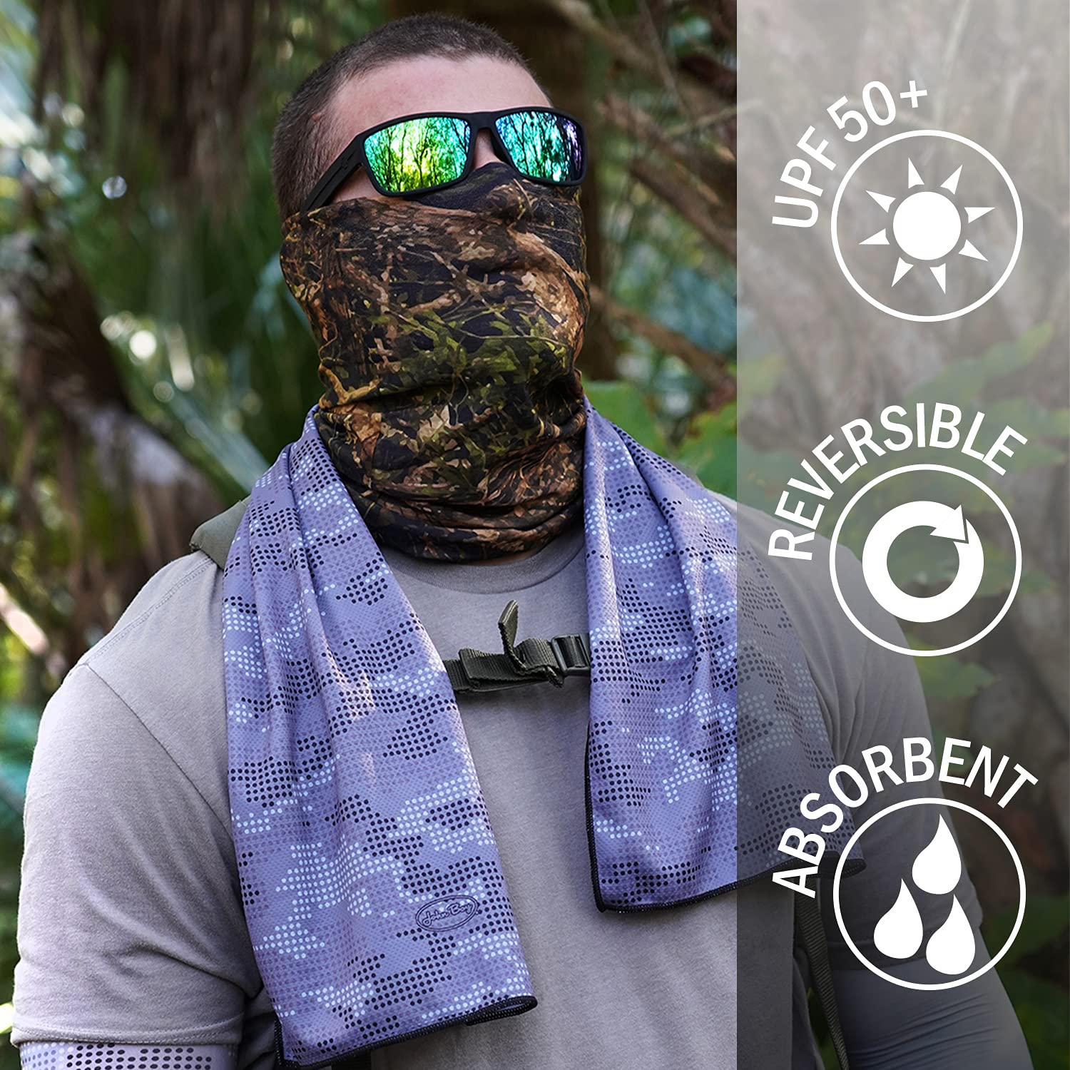 John Boy Cooling Towel - UPF 50+ Sun Protection, Reversible Heat Guard with Natural Cooling Technology & Super Absorbent Microfiber - CT-CAMO - Perfect for Sports, Hiking, Gym & Outdoor Activities