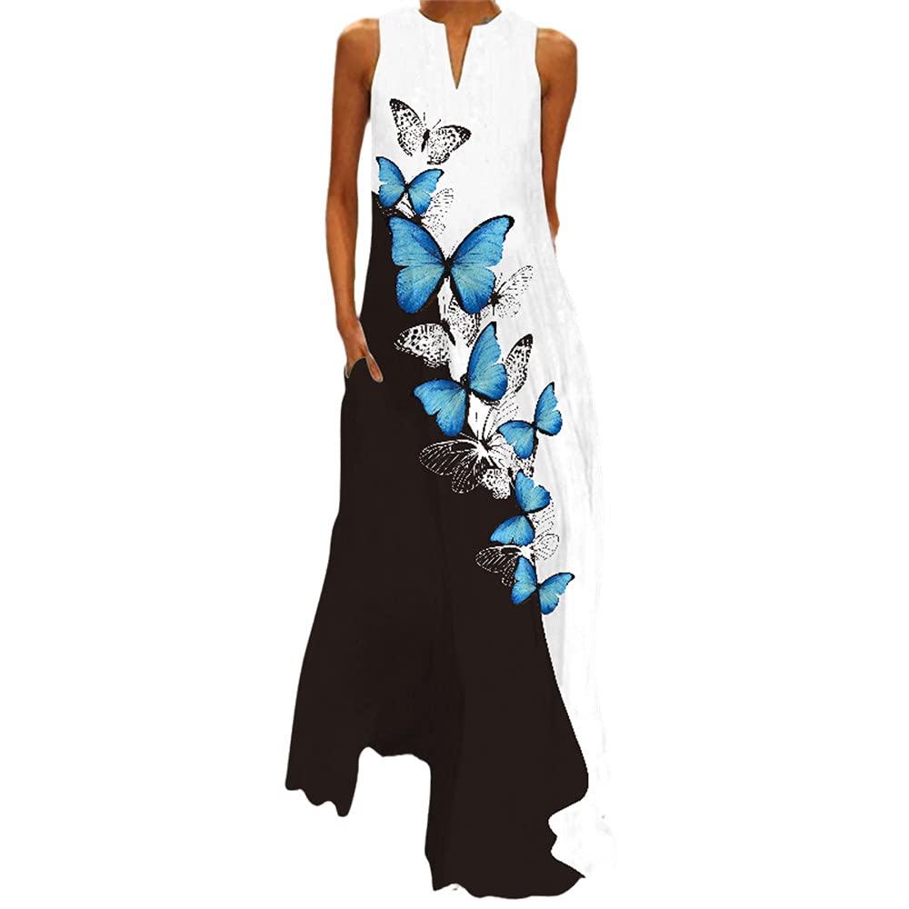 Women's Sleeveless V-Neck Butterfly Print Casual Beach Dress - Elegant Summer Sundress for Vacations, Parties & Outdoor Events