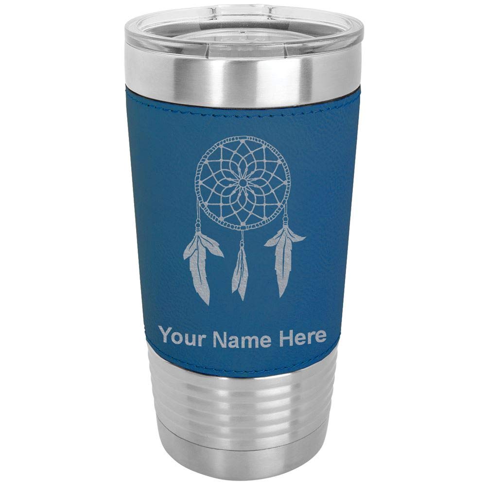 LaserGram 20oz Vacuum Insulated Stainless Steel Tumbler Mug with Dream Catcher Design - Personalized Engraving & Faux Leather Sleeve - Keeps Drinks Hot/Cold for Hours - Perfect for Office, Travel, Camping & Outdoor Activities (Blue)