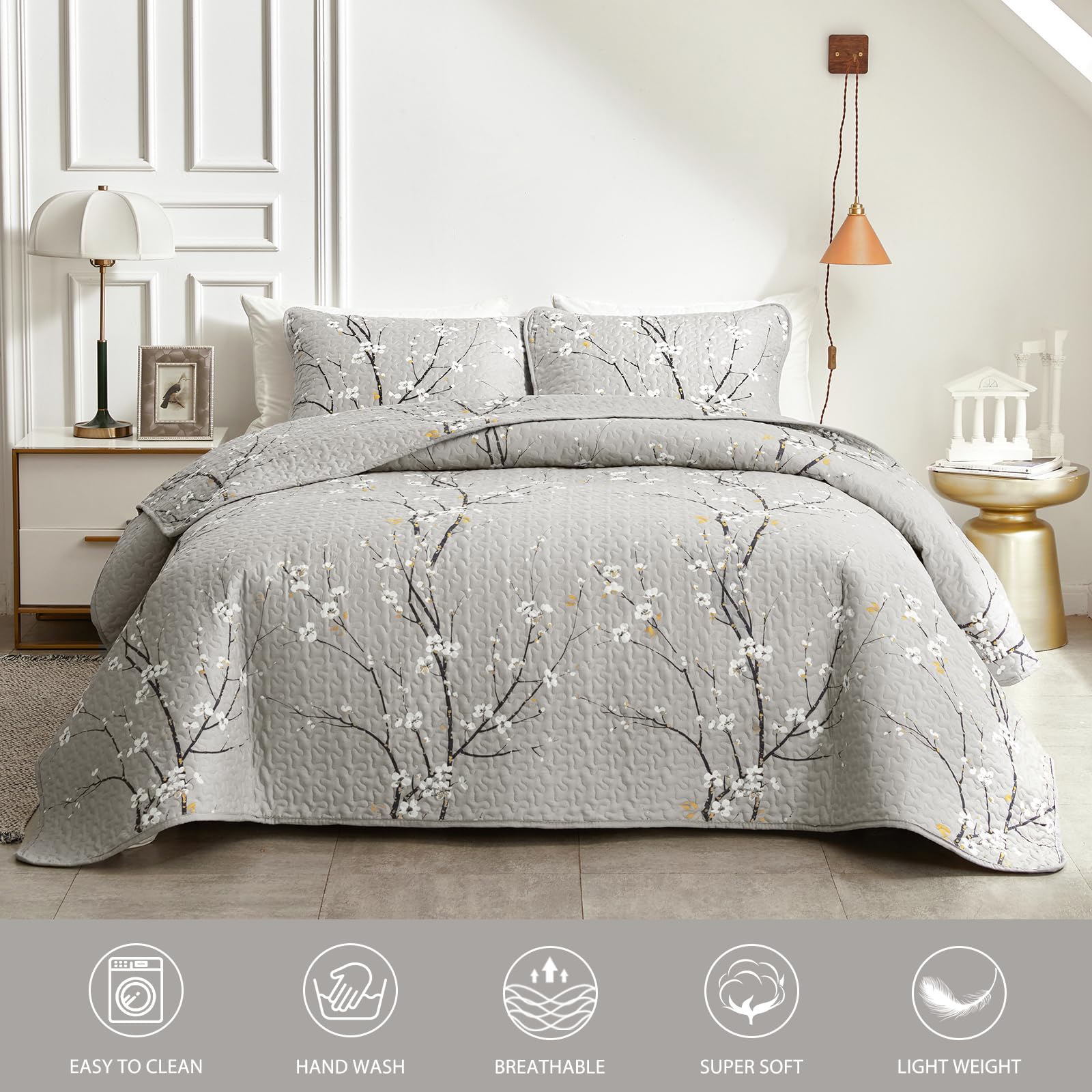 UOZZI 2-Piece Reversible Quilt Set - Gray Branch with White Orange Floral Pattern - Twin Size 68x86 Inches - Soft Microfiber Lightweight Bedspread - All Season Coverlet for Bedroom, Guest Room & Dorm - Includes 1 Quilt + 1 Shams