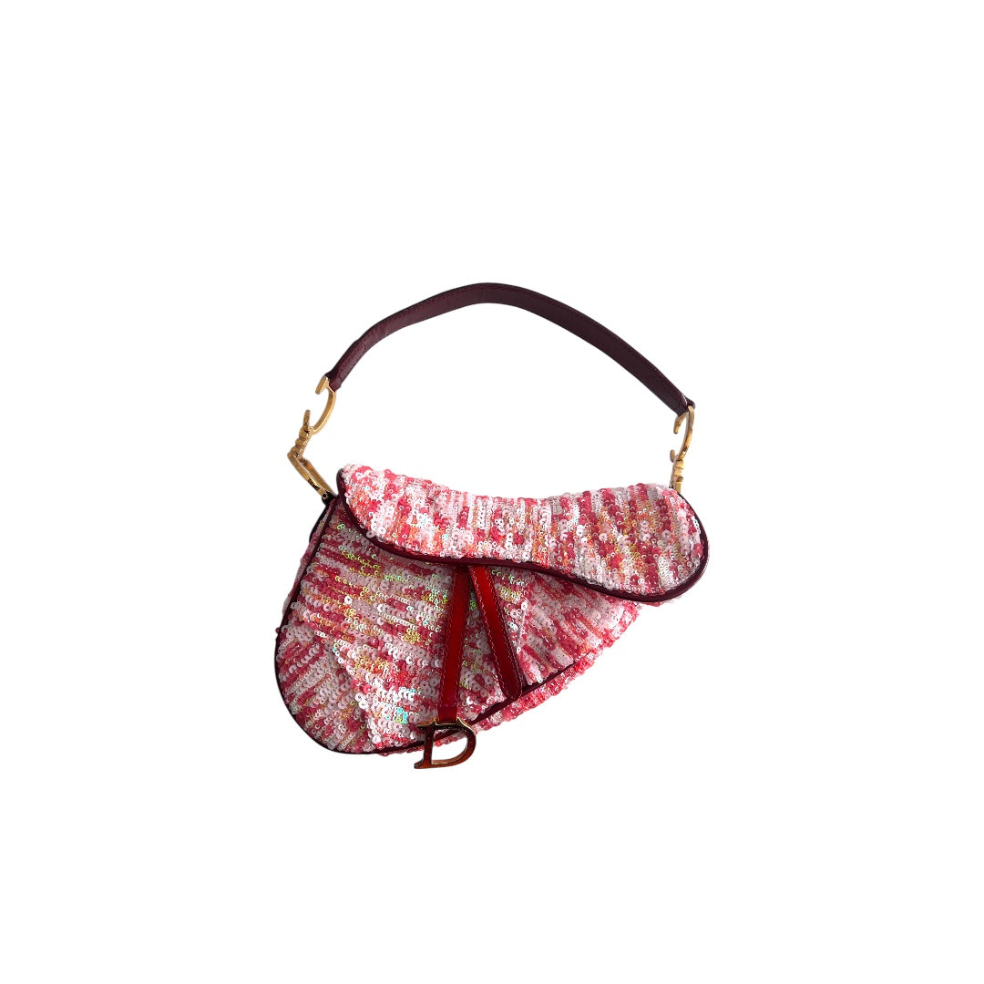 Vintage Dior Red Sequin Small Saddle Bag - Luxury Crossbody Purse for Women, Perfect for Parties, Weddings & Evening Events