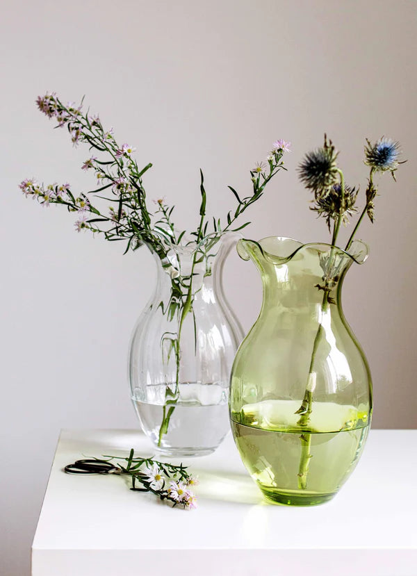 Hibiscus Glass Vertical Fluted Small Vase - Elegant Green Home Decor for Flowers, Centerpiece, Wedding, Dining Table & Office Desk
