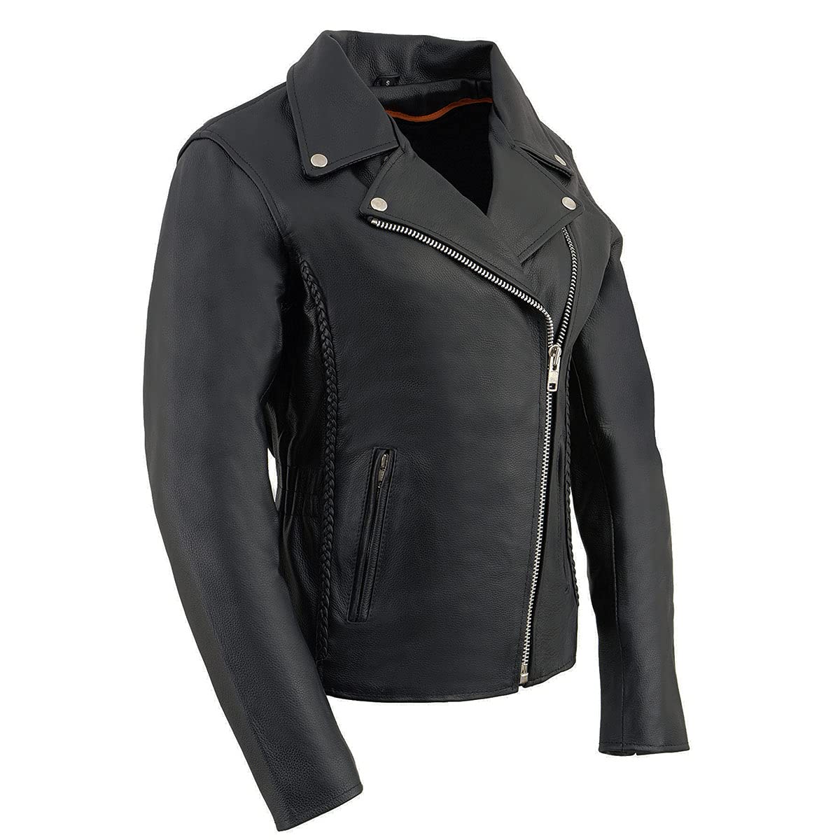 Milwaukee LKL2710 Women's Classic Black Braided Leather Motorcycle Jacket with Studded Back - Stylish & Protective Riding Gear for Harley, Cruiser & Street Bikes
