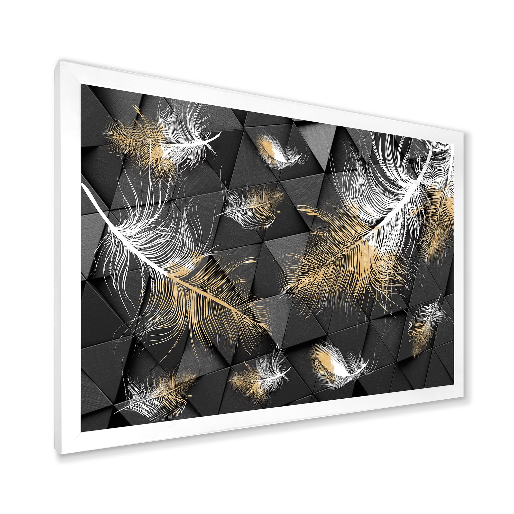 White and Gold Feathers Modern Triangular Framed Wall Art - Elegant Home Decor for Living Room, Bedroom & Office