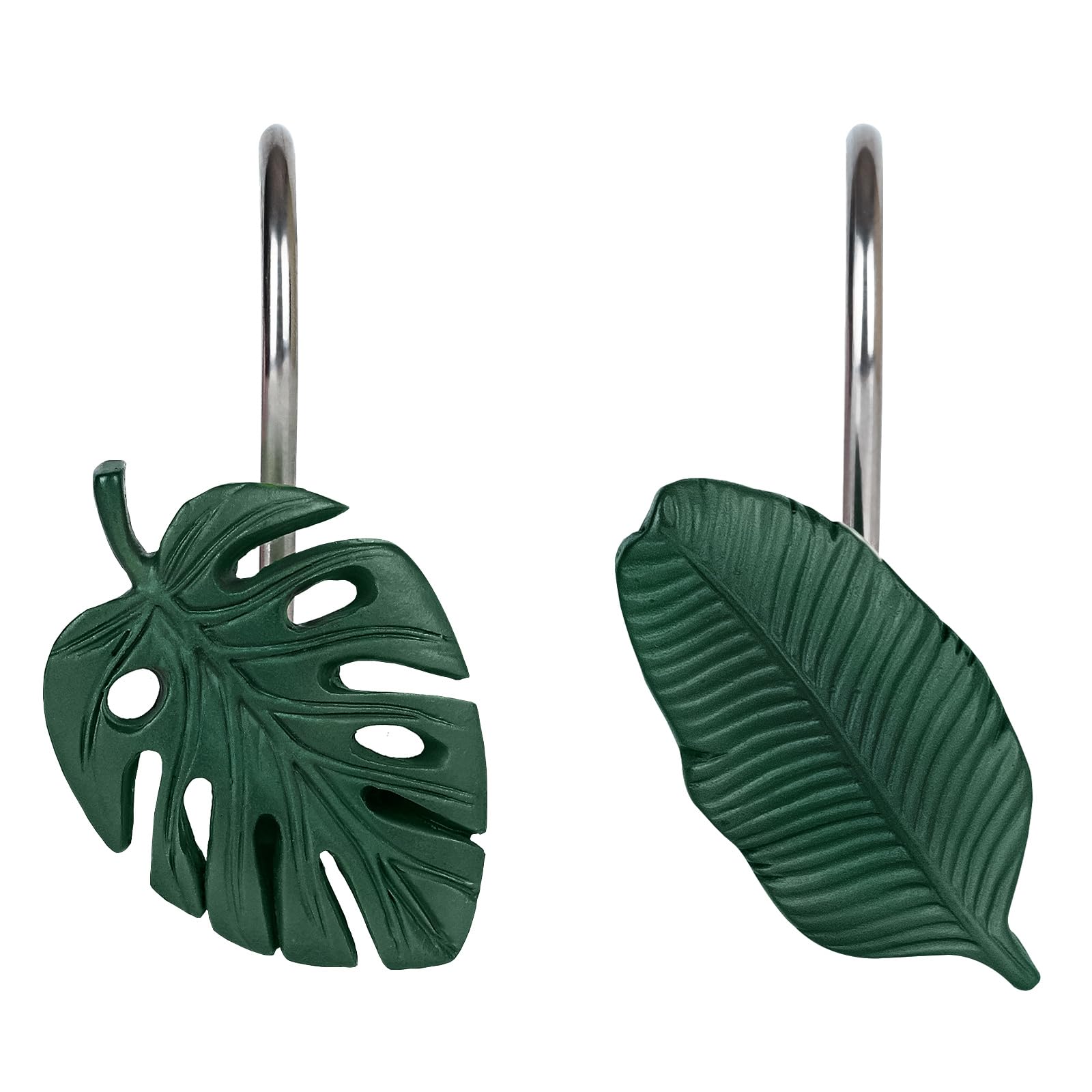 Tropical Leaf Shower Curtain Hooks - Set of 12 Dark Green Botanical Bathroom Accessories with Monstera & Bird of Paradise Design, Durable Resin Shower Rings for Spa-Like Bathroom Decor