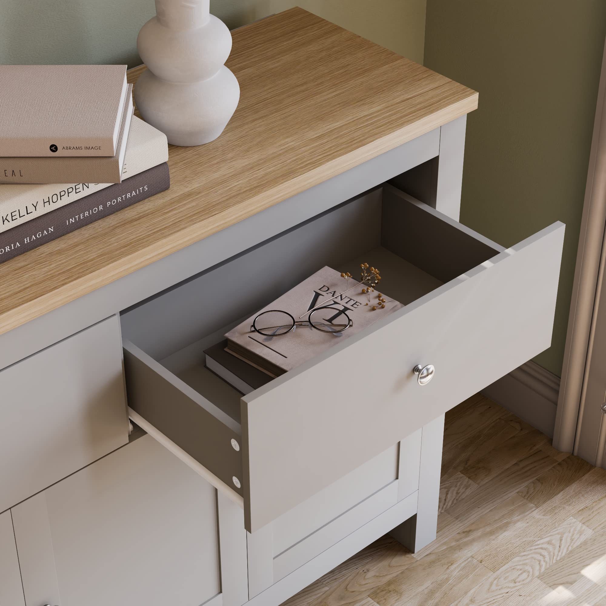 Vida Designs Arlington 2-Drawer 3-Door Sideboard Cabinet - Engineered Wood Storage Console Table in Grey & Oak Finish - 82cm Height x 117cm Width x 35cm Depth - Perfect for Living Room, Dining Room, or Entryway Storage