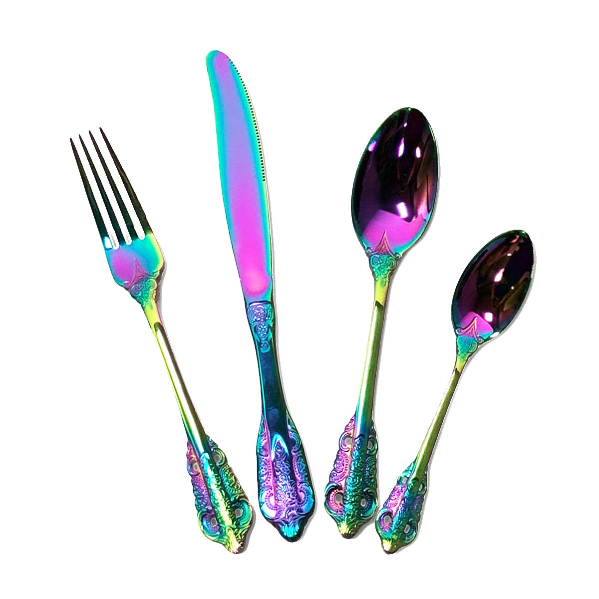 Gugrida 4-Piece Rainbow Silverware Set - 18/10 Stainless Steel Flatware Cutlery (Fork, Knife, Spoon) - Mirror Finish, Dishwasher Safe - Colorful Eating Utensils for Home, Kitchen, Party, Camping & Travel