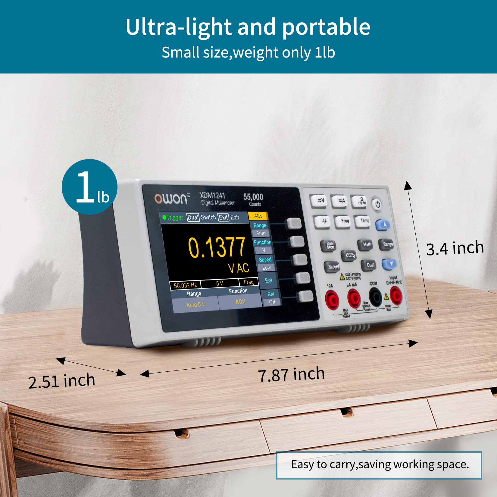 OWON XDM1241 Portable Digital Multimeter - 3.5in LCD True RMS Meter with 55000 Counts, Temperature Measurement for Electronics, Labs & Factories | Ideal for Electricians, Engineers & DIY Home Repairs