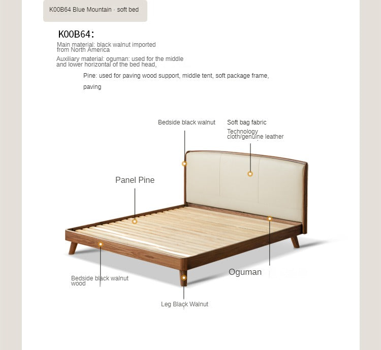 Premium Black Walnut Solid Wood Leather Bed Frame - Luxury Bedroom Furniture Set for Master Bedroom & Guest Room Decor
