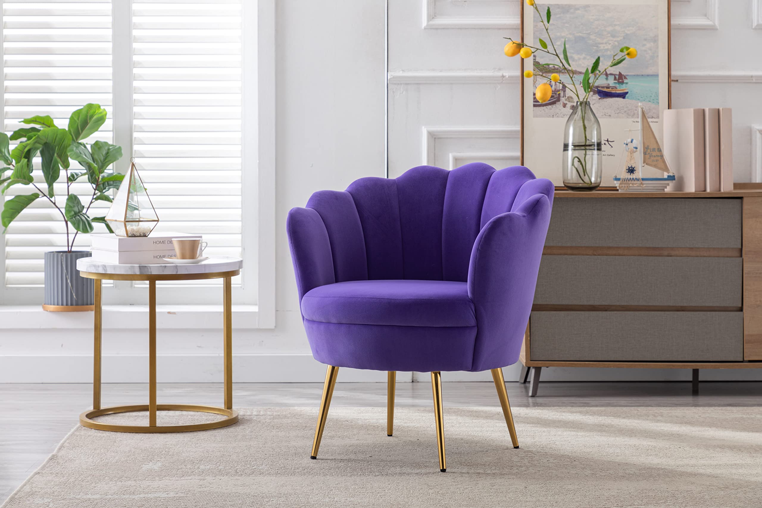 ZOBIDO Modern Velvet Accent Chair - Comfy Upholstered Armchair with Golden Metal Legs for Bedroom, Living Room, Vanity & Dining - Perfect Makeup Chair, Desk Chair & Lounge Seating (Purple)