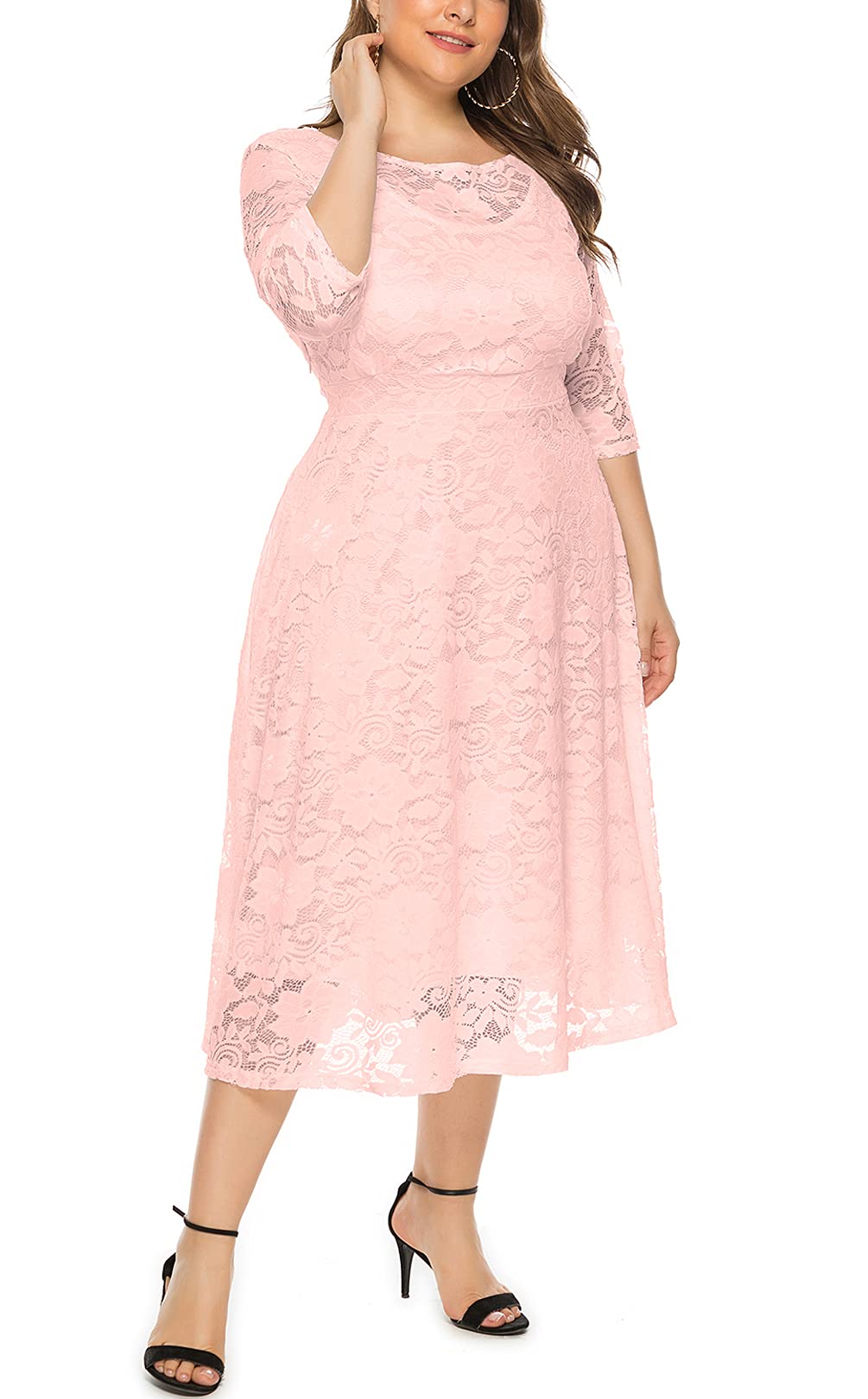Eternatastic Women's Floral Lace Plus Size Midi Dress - Scoop Neck Cocktail Party Dress for Wedding Guest, Evening Events & Special Occasions