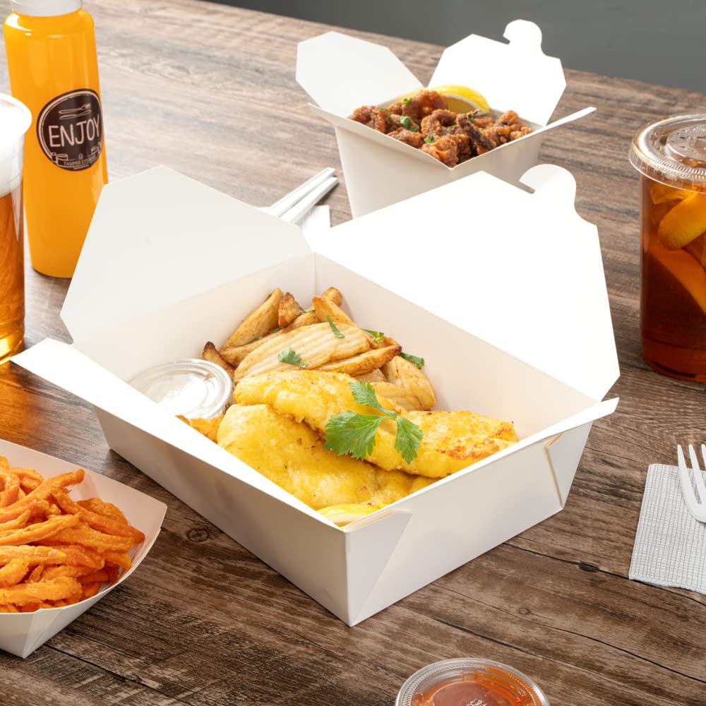 Restaurantware Bio Tek 8.5 x 6.3 x 2.5 Inch Eco-Friendly Food Containers - 200 Pack Durable Disposable Noodle Boxes | 17-Oz White Paper Takeout Containers for Restaurants, Catering, Picnics & Meal Prep | BPA-Free, Sustainable & Leak-Proof