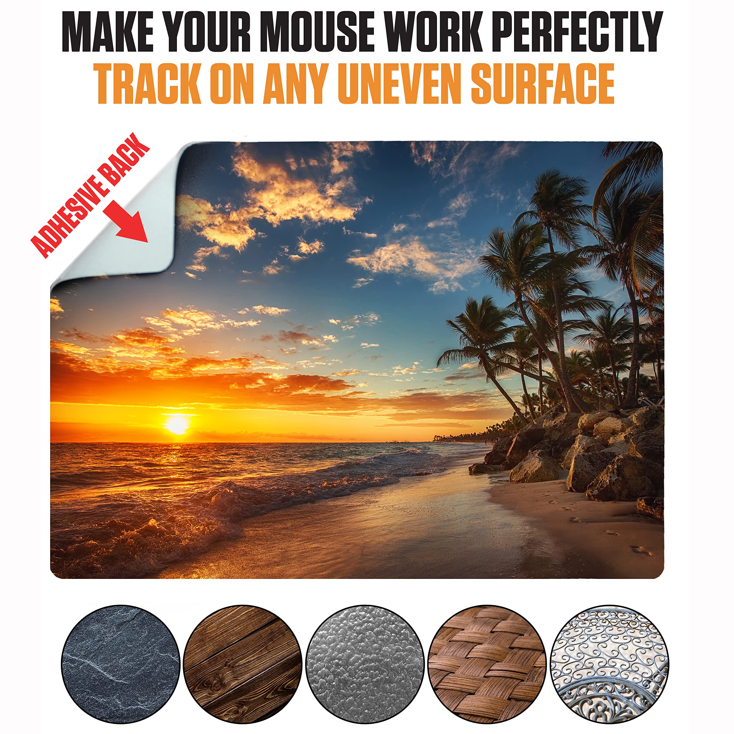 Non-Slip Mouse Pad with Adhesive Bottom - Sticks to Any Surface, Portable & Includes Webcam Cover + Screen Cleaner (2-Pack Beach Set) - Perfect for Office, Gaming & Travel Use