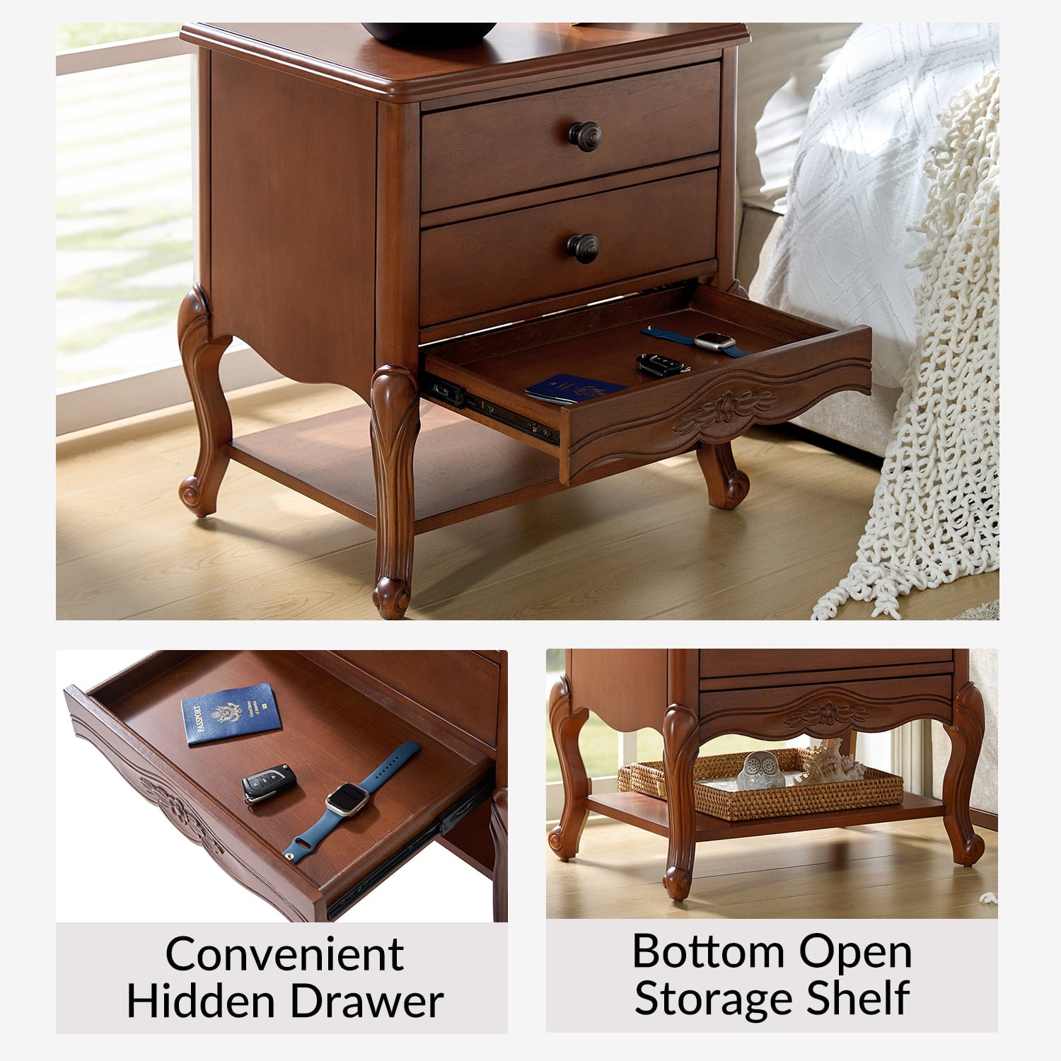 Nina Modern Nightstand with Hidden Drawer - Fully Assembled Bedside Table for Bedroom, Living Room & Office - Traditional Exquisite Design (Optional Types Available)