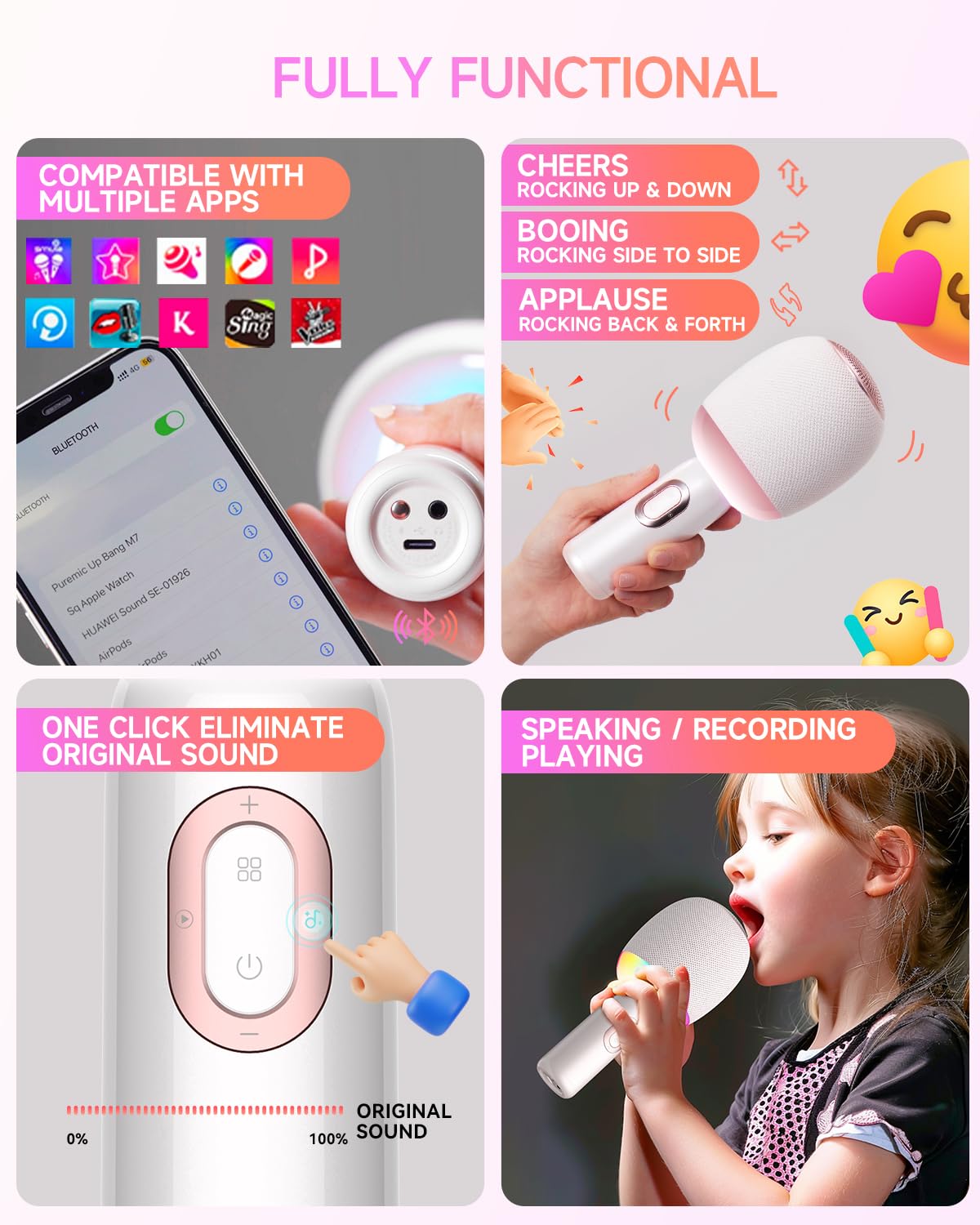 5-in-1 Wireless Bluetooth Karaoke Microphone with Dynamic Lights - Portable Handheld Mic for iPhone, Android | Perfect for Car Singing, Home Parties, Music Recording & Duet Performances (White) - Ideal Gift for Kids & Adults