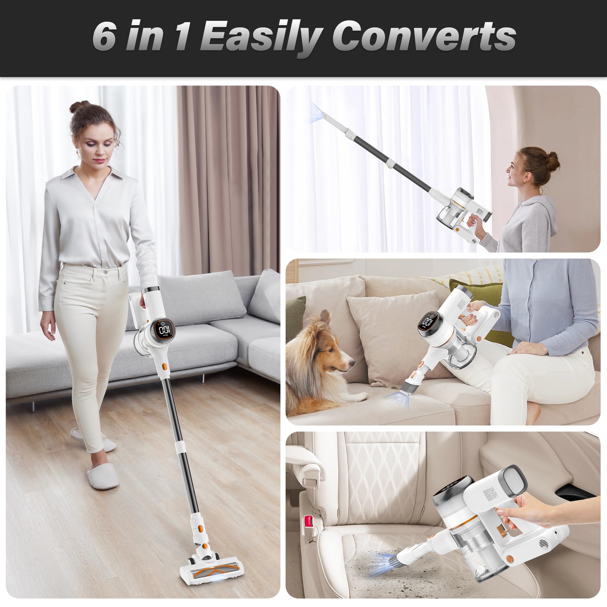 Tikom V500 Cordless Vacuum Cleaner - 40000Pa Powerful Suction, 450W Motor, LED Touch Screen, Wall Mount Charging Dock, Anti-Tangle Brush, Lightweight Handheld for Pet Hair, Hard Floors & Carpets - Perfect for Home Cleaning, Car Detailing & Pet Owners