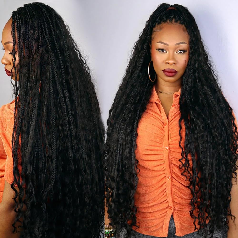 Boho Box Braids Crochet Hair with Human Hair Curly Ends - 18 Inch Pre-Looped Box Braids (2 Packs, 80 Strands) - Natural Color for Protective Styles & Everyday Wear