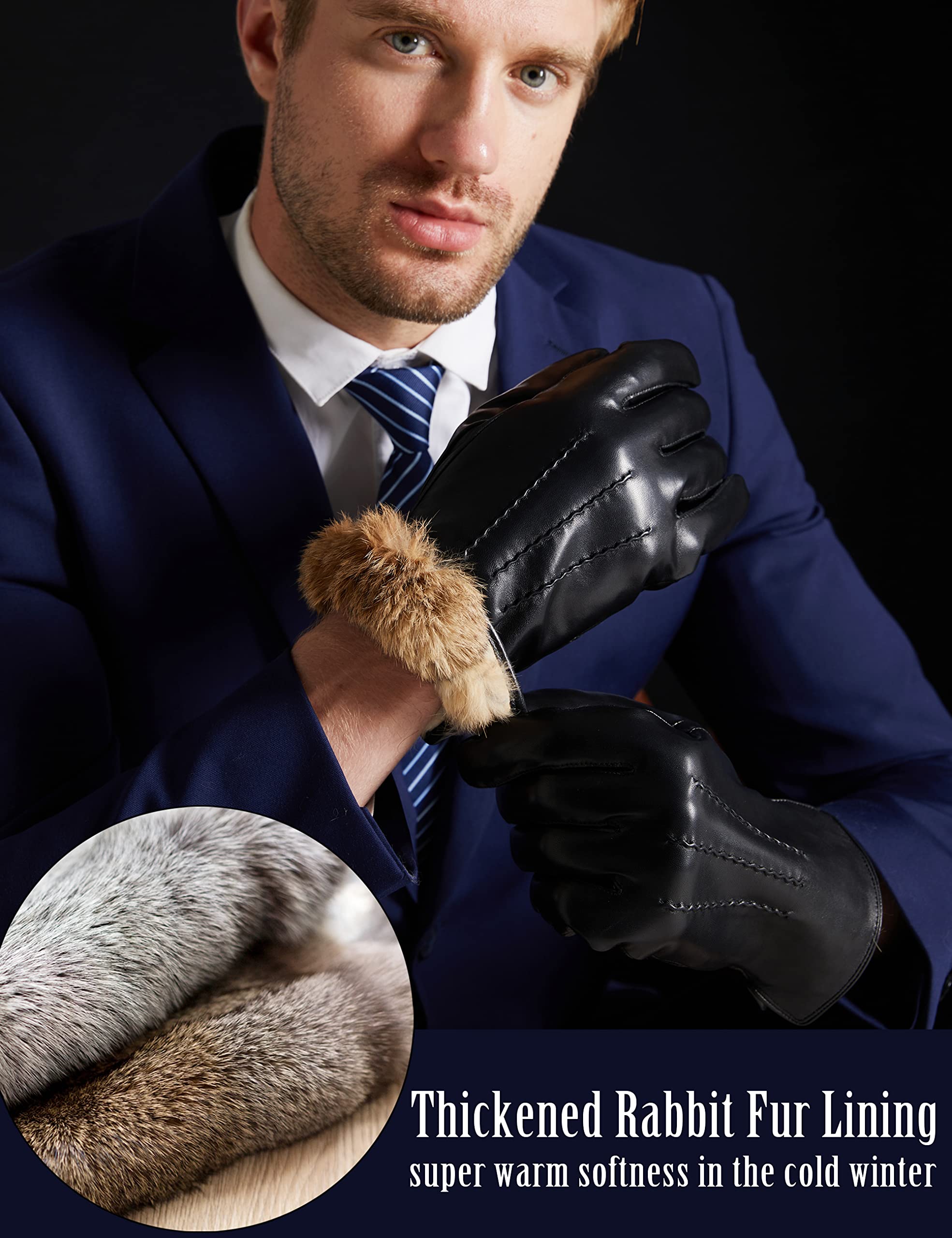 Premium Men's Winter Gloves - Soft Rabbit Fur Lined, Touchscreen Compatible for Texting & Driving - Warm & Stylish Cold Weather Accessory for Outdoor Activities, Commuting, and Daily Use