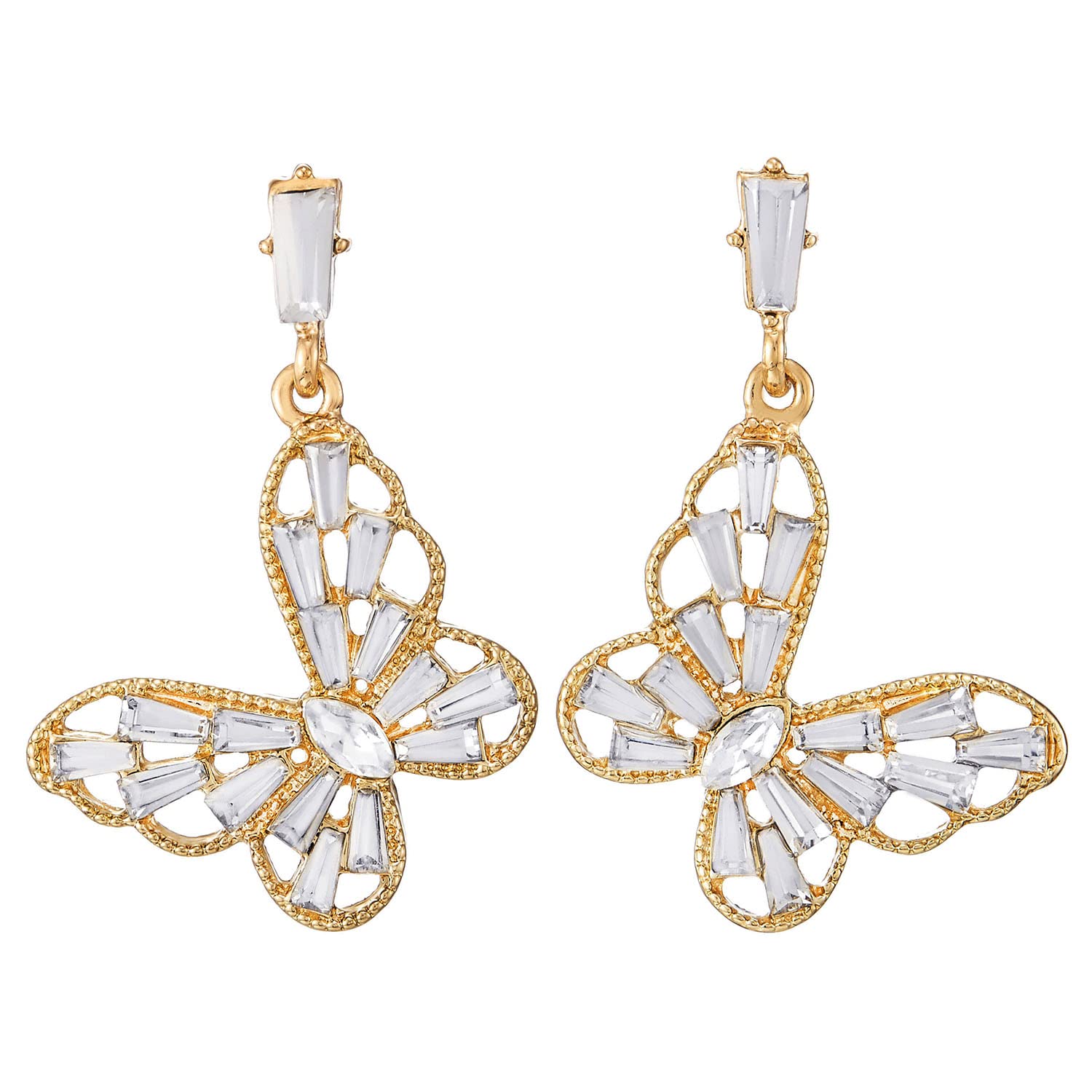 Shiny Gold Butterfly Stud Earrings with Crystals - Party & Wedding Jewelry