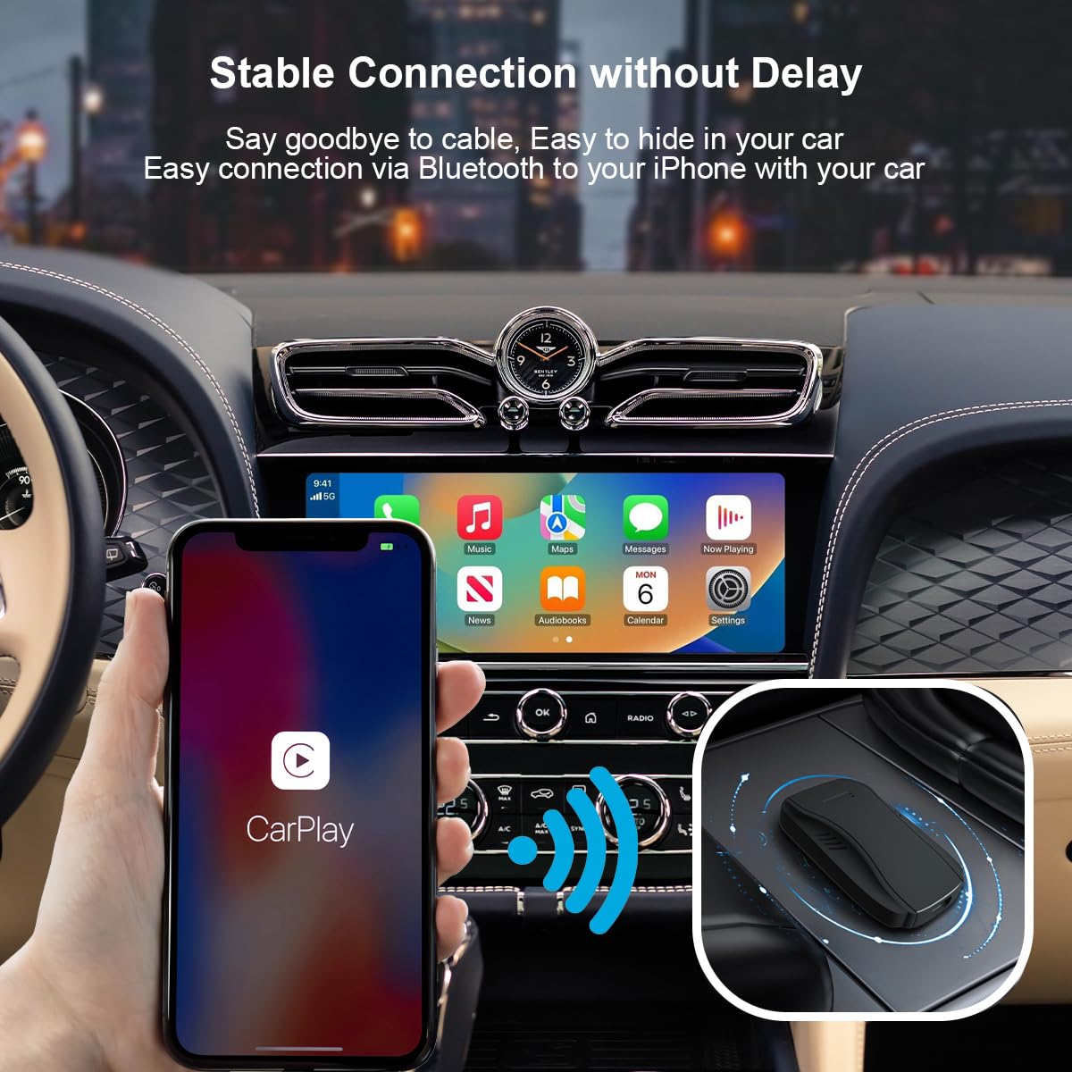 Wireless CarPlay Adapter for iPhone - 5GHz WiFi Auto Connect Bluetooth CarPlay Dongle Plug & Play for Cars 2015+ (Black) - Perfect for Hands-Free Calling, Music Streaming & GPS Navigation While Driving