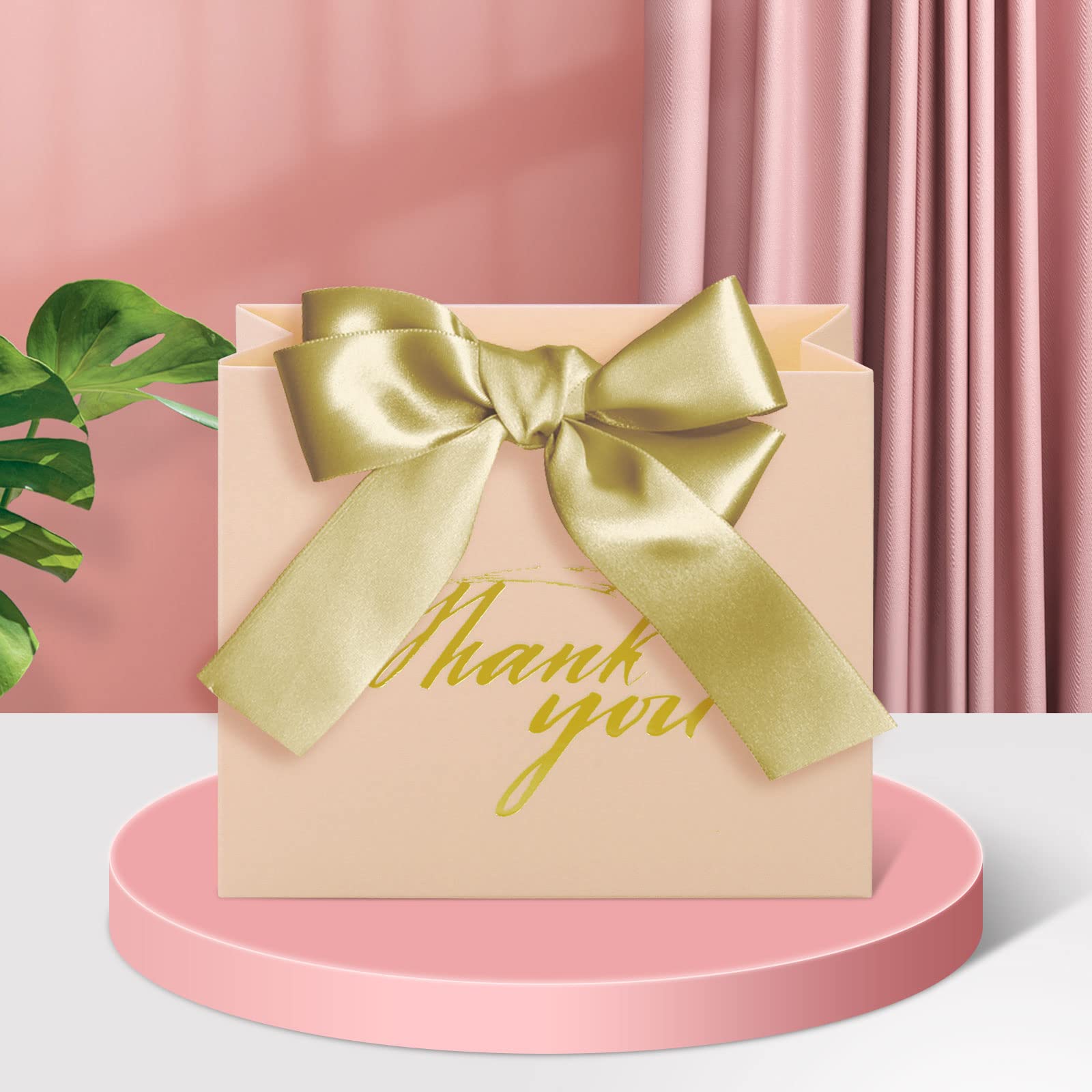 24 Pack Small Pink Thank You Gift Bags with Bow Ribbon - 4.5x1.8x3.9 Inches Wedding Party Favor Treat Boxes - Perfect for Bridal Showers, Baby Showers & Birthday Party Favors (Gold)