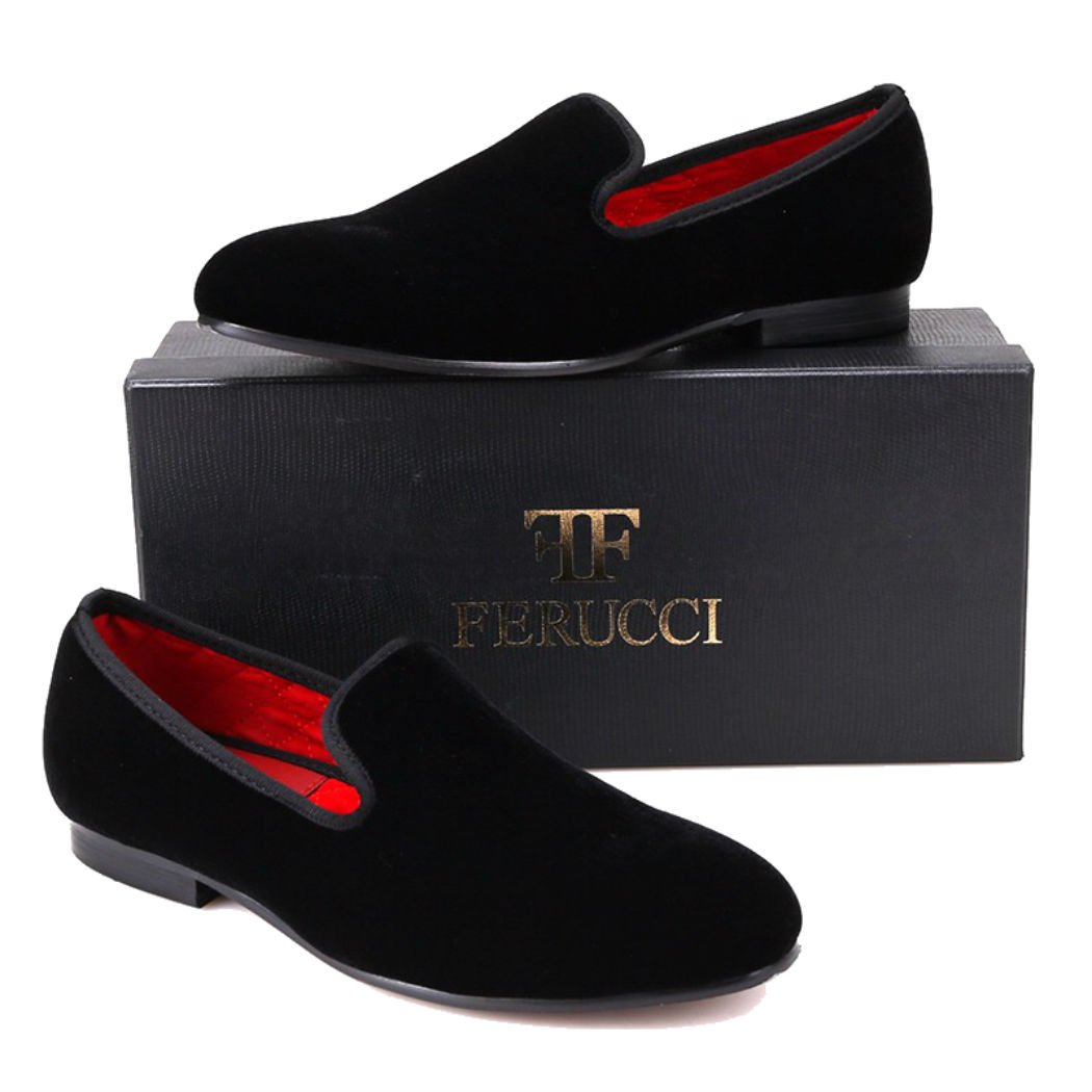 FERUCCI Handmade Men's Plain Black Velvet Slippers - Comfortable Loafers for Indoor & Outdoor Wear - Perfect for Home, Office, and Casual Occasions