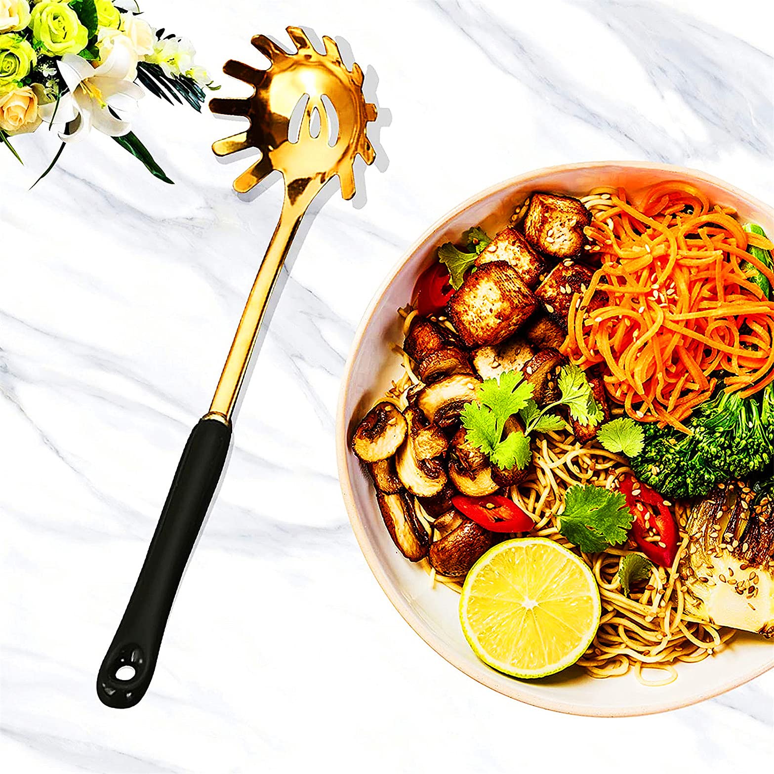 Premium 6-Piece Cooking Utensils Set with Holder - Stainless Steel Soup Ladle, Spatula, Slotted Turner, Skimmer Spoon & Rice Paddle - Nordic Style Kitchen Tools for Cooking, Frying & Serving - Perfect for Home Chefs & Professional Kitchens