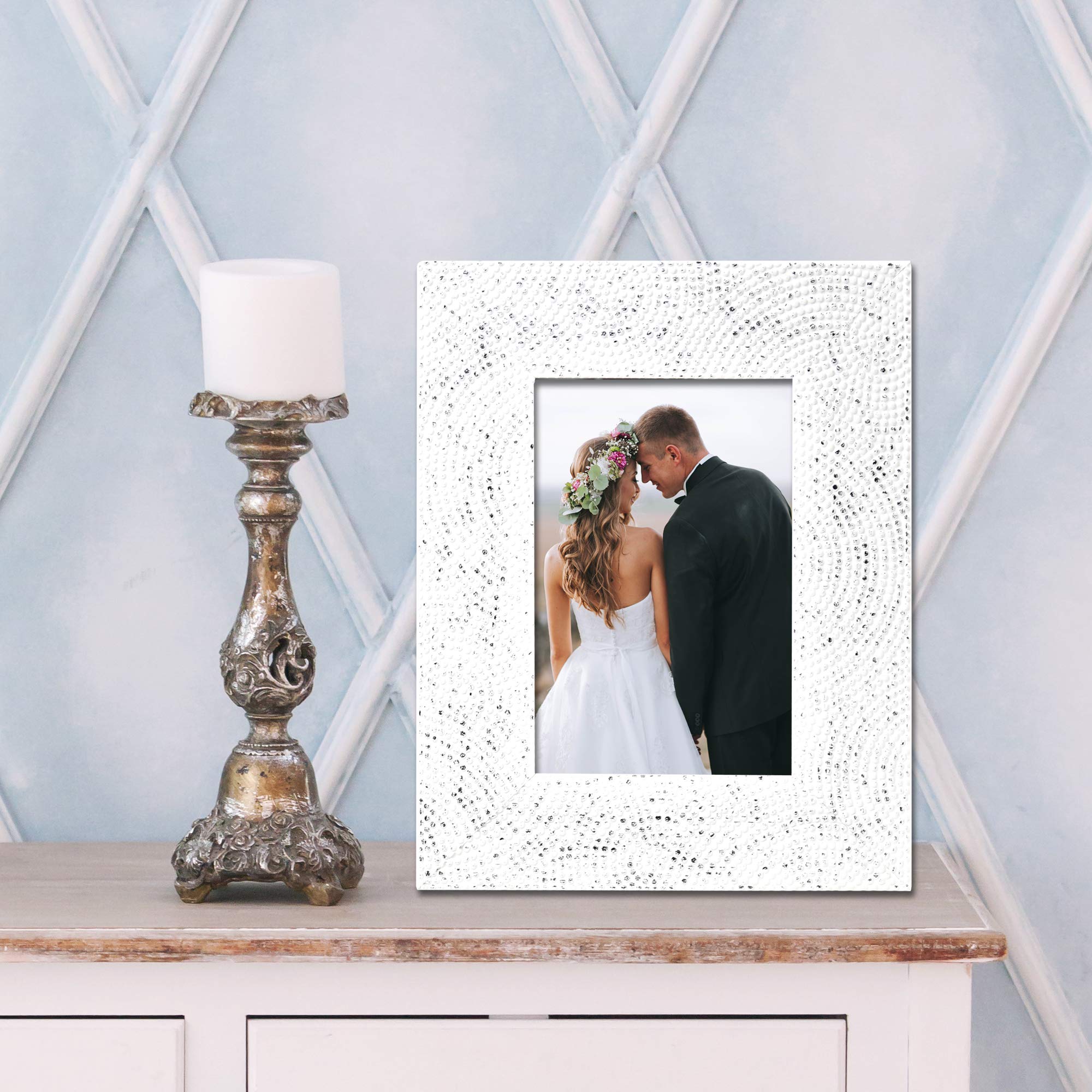 Lawrence Frames Marka Embossed 4x6 Picture Frame - Elegant White Photo Frame for Wall or Tabletop Display - Perfect for Home Decor, Wedding Photos, and Office Art