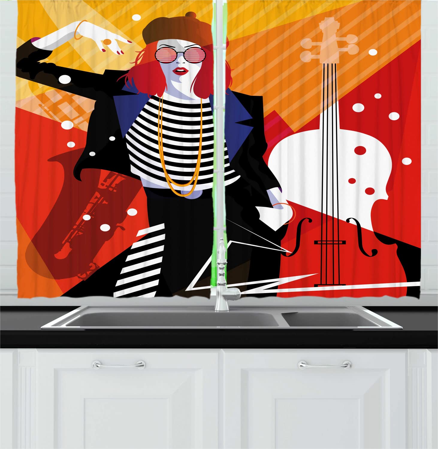Ambesonne Abstract Woman Long Kitchen Curtains - Modern Female Figure Design with Stylish Accessories, 2 Panel Rod Pocket Drapes for Windows (55
