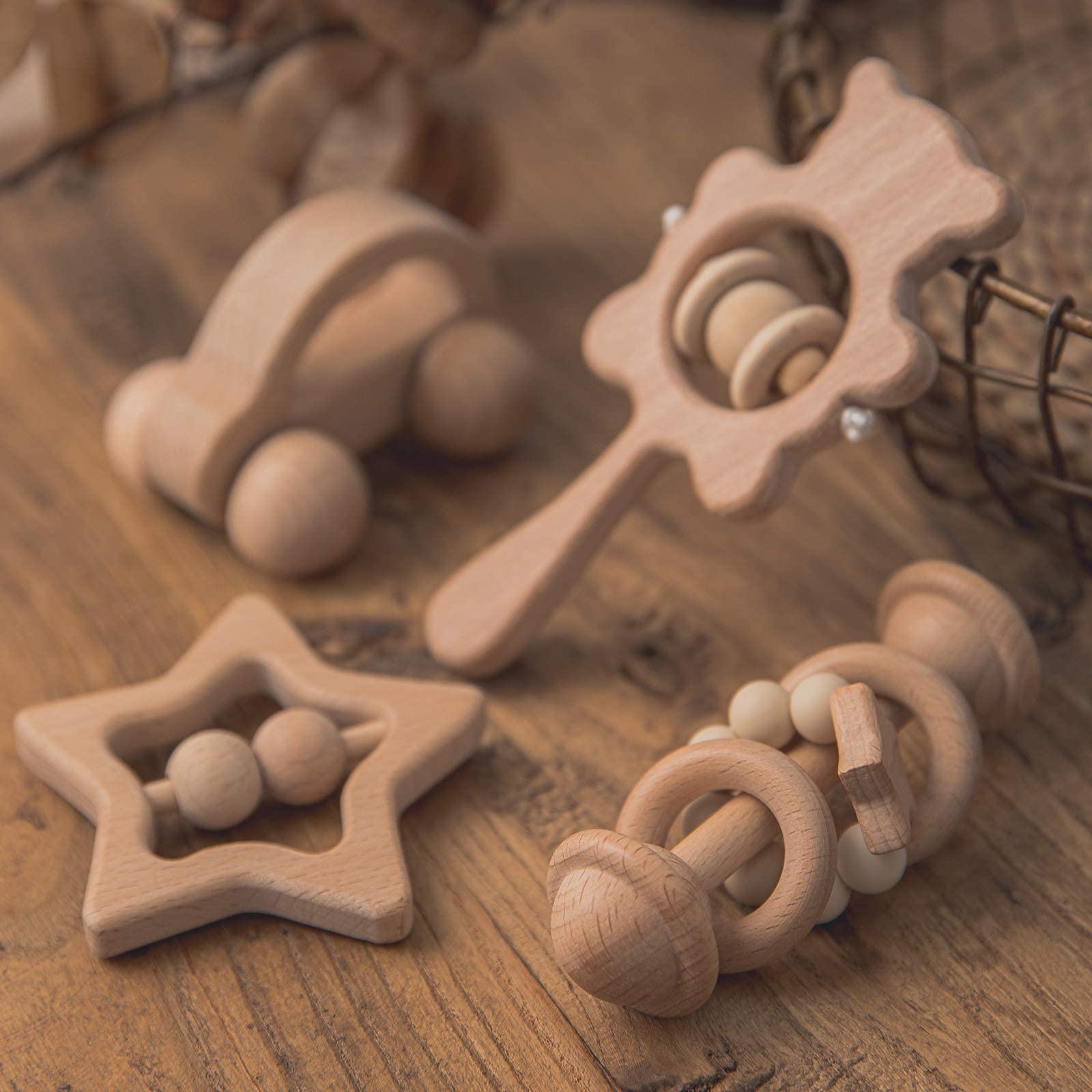 HI BABY MONMENT 4-Piece Wooden Baby Toy Set - Handmade Wooden Rattles & Montessori Toys for Boys & Girls 36+ Months | Safe & Natural Wooden Car Rattles for Sensory Play & Early Learning