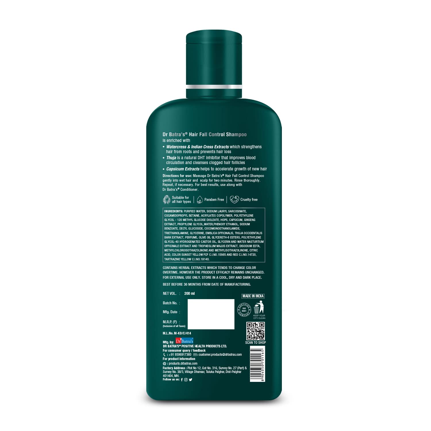 Dr Batra's Herbal Hair Fall Control Shampoo - Natural Anti-Hair Loss Treatment, Paraben & Sulfate Free, Silicone Free Formula (200ml) - Best for Thinning Hair & Scalp Care - Perfect for Daily Use & Hair Regrowth Therapy