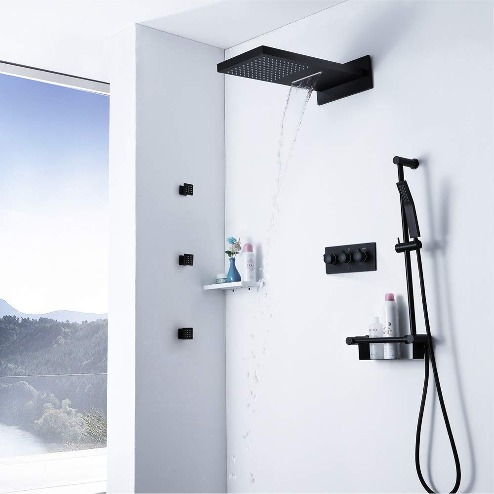 YYHEN Copper Waterfall Shower Head - Black Concealed Wall Mounted Faucet with Side Spray for Modern Bathroom | Perfect for Spa-Like Shower Experience and Space-Saving Bathroom Designs