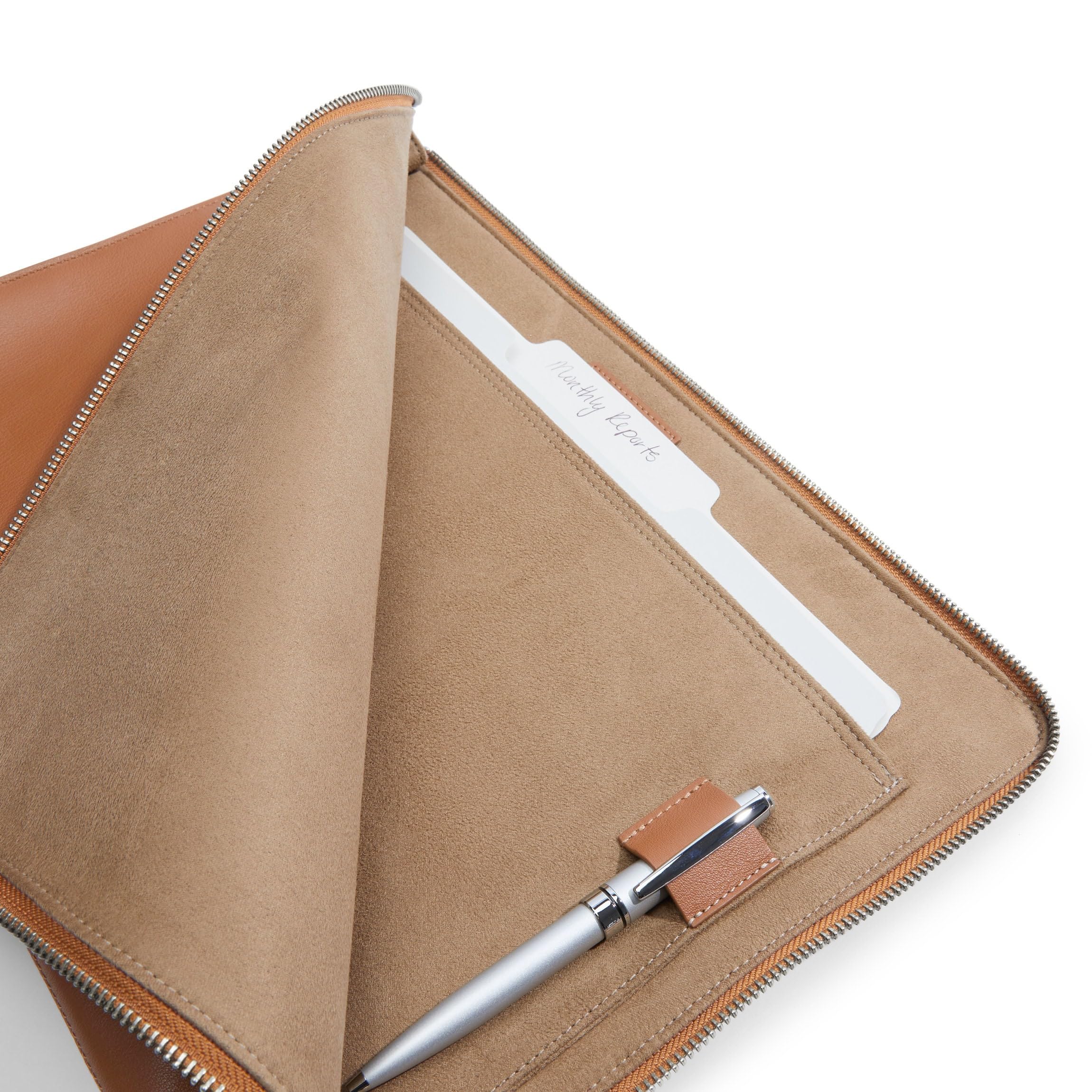 Premium Cognac Leather Zippered Document Holder with Interior Pocket for Tablet - Perfect for Business, Travel & Office Organization