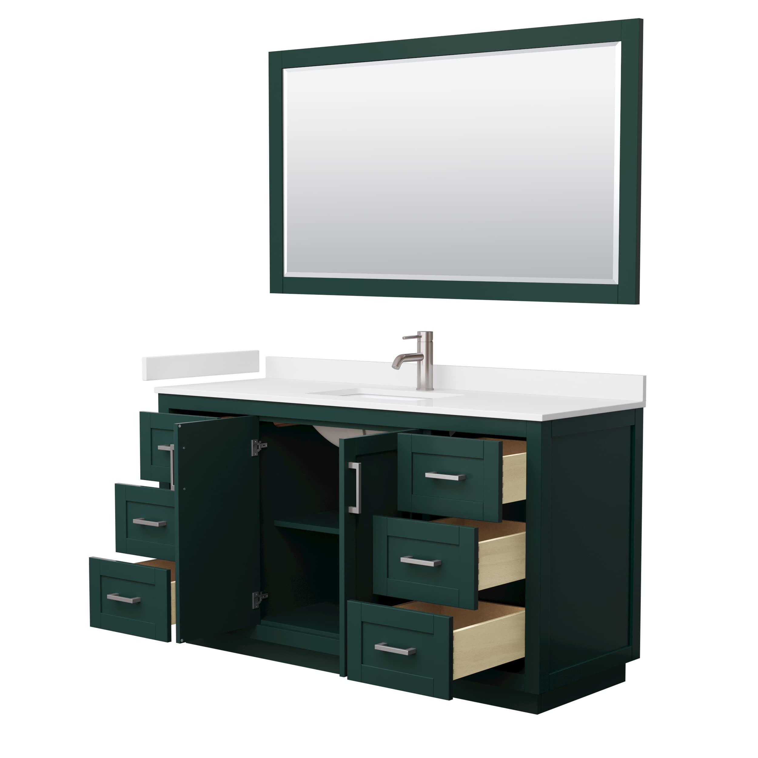 Wyndham Collection Miranda 60 Inch Green Bathroom Vanity with White Cultured Marble Countertop & Undermount Square Sink - Brushed Nickel Trim & 58 Inch Mirror - Perfect for Modern Bathroom Renovations & Small Space Solutions