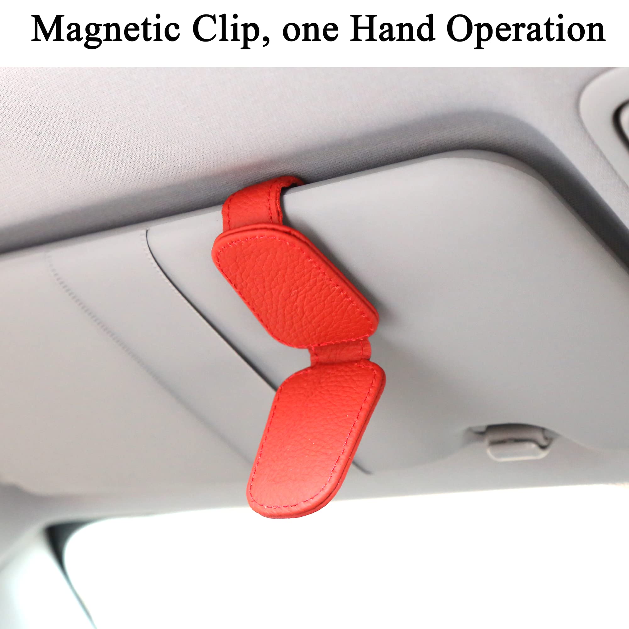 KIWEN 2-Pack Magnetic Leather Sunglasses Holder for Car Visor - Eyeglass Clip & Ticket Organizer - Red Car Accessories for Driving, Travel & Outdoor Activities
